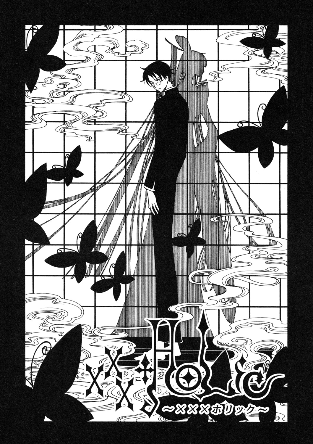 clamp ichihara_yuuko male megane monochrome watanuki_kimihiro xxxholic