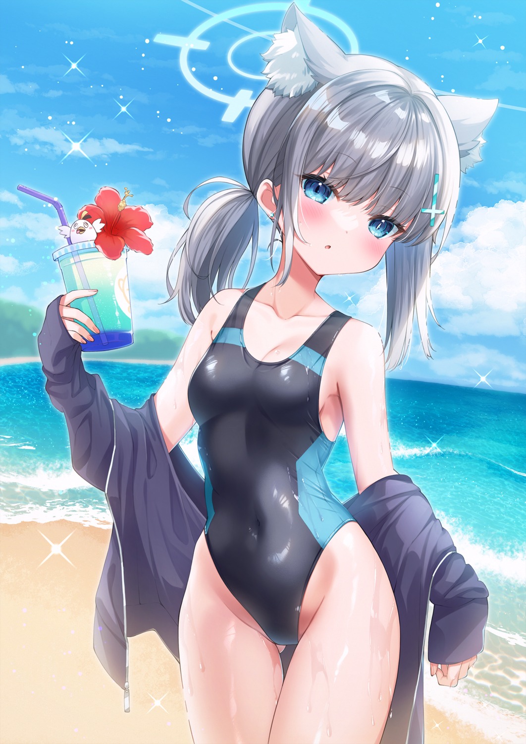 animal_ears blue_archive fukemachi halo nekomimi sunaookami_shiroko swimsuits