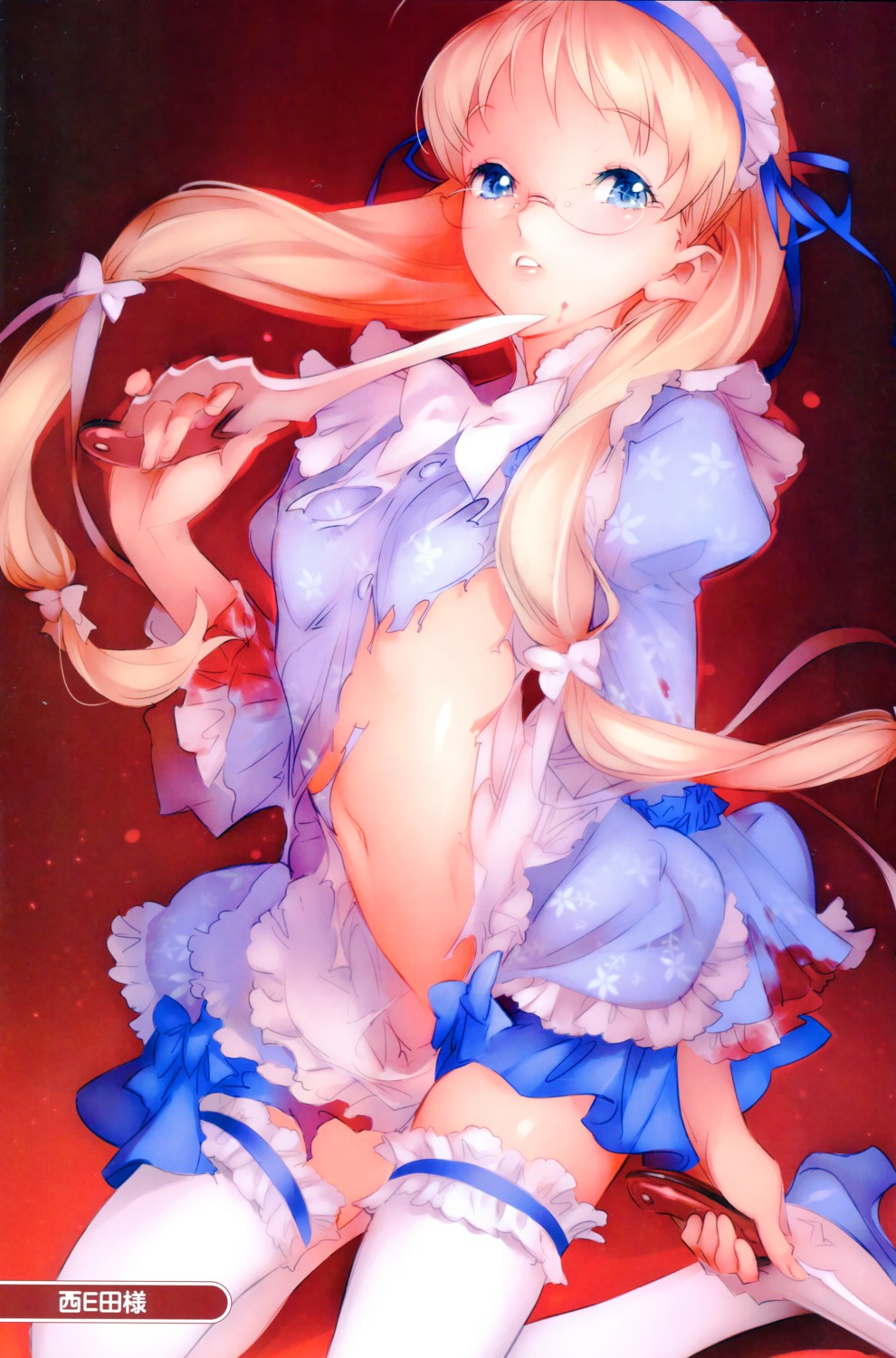 11eyes alice_in_wonderland color_issue cosplay garter hirohara_yukiko megane nishieda thighhighs torn_clothes