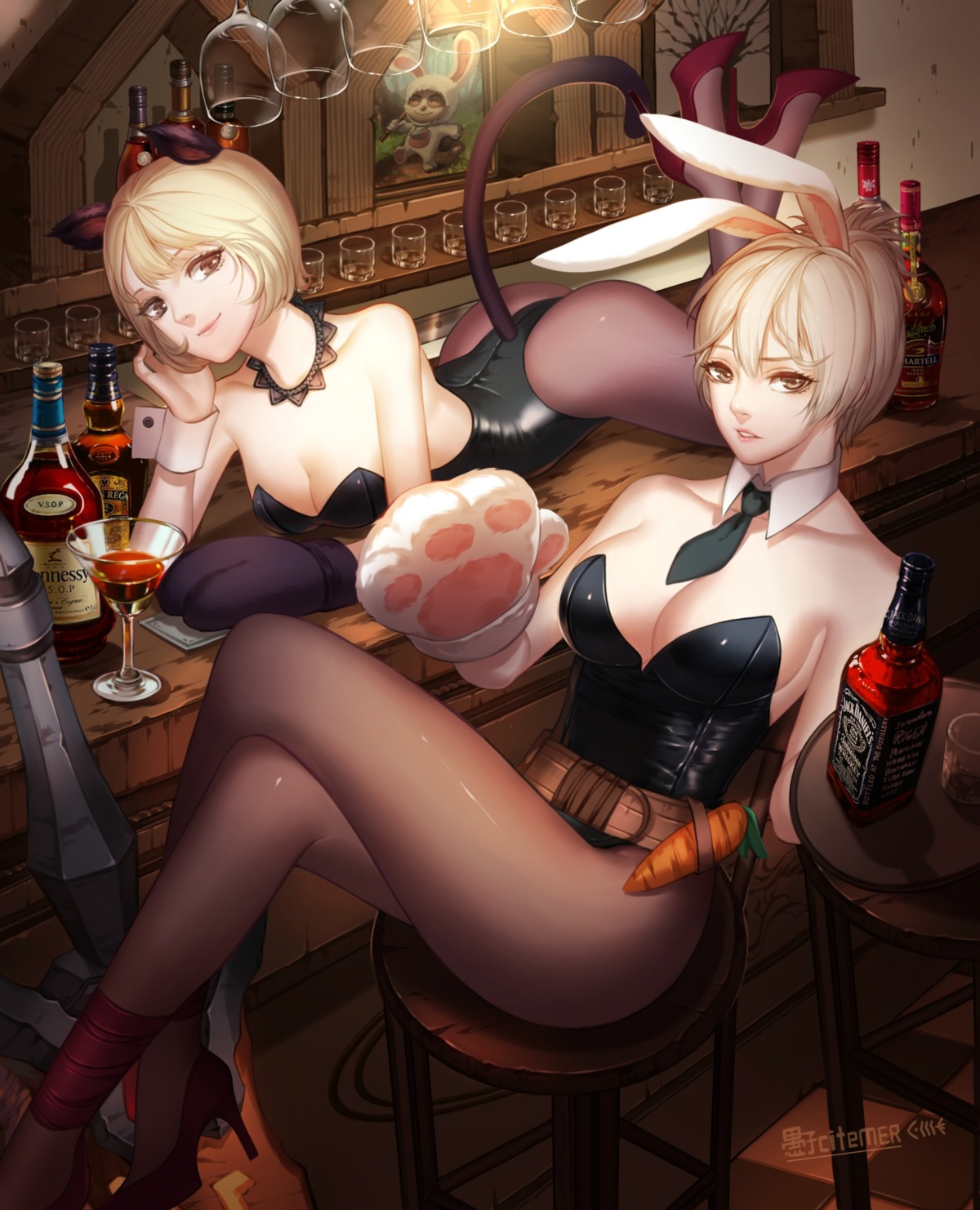 animal_ears bunny_ears bunny_girl citemer cleavage heels league_of_legends nekomimi pantyhose riven_(league_of_legends) tail teemo