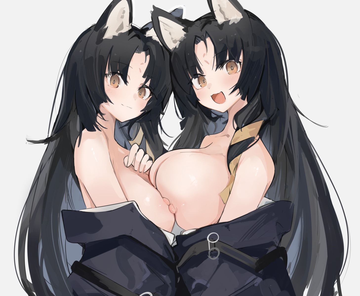 animal_ears arknights breasts mikojin nipples no_bra open_shirt saga_(arknights) sketch symmetrical_docking