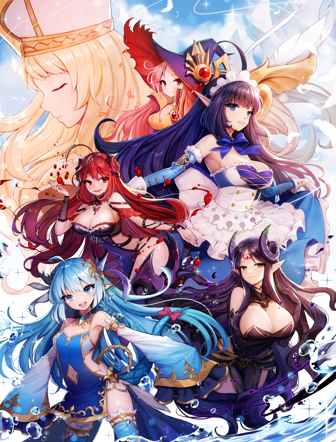 ankkoyom breast_hold cleavage cleo_(king's_raid) erze_(king's_raid) frey_(king's_raid) horns king's_raid lilia_(king's_raid) maid mirianne_(king's_raid) pointy_ears shamilla_(king's_raid) tail tattoo thighhighs wet witch