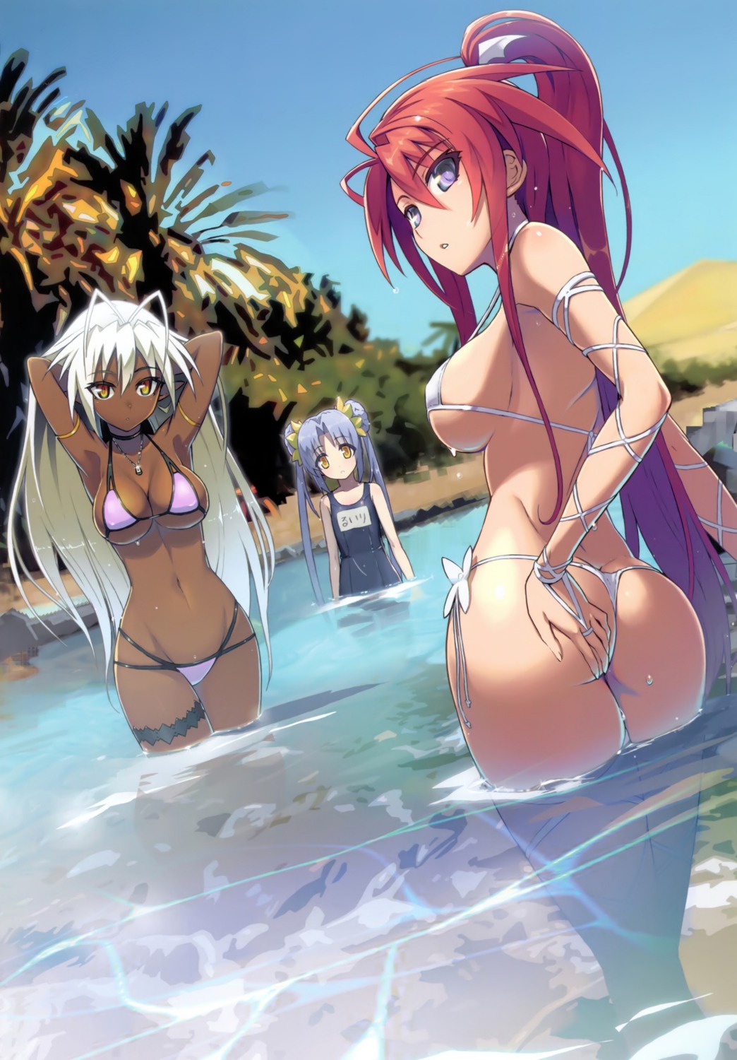 ass bikini crossover full_metal_daemon_muramasa garter ignis jingai_makyou kikokugai kong_ruili namaniku_atk nitroplus pointy_ears sansei_muramasa school_swimsuit swimsuits thong wet