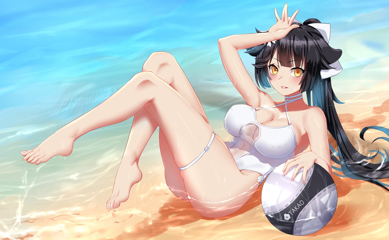 artist_revision azur_lane cang_se_ye_hua cleavage feet garter see_through swimsuits takao_(azur_lane) wet