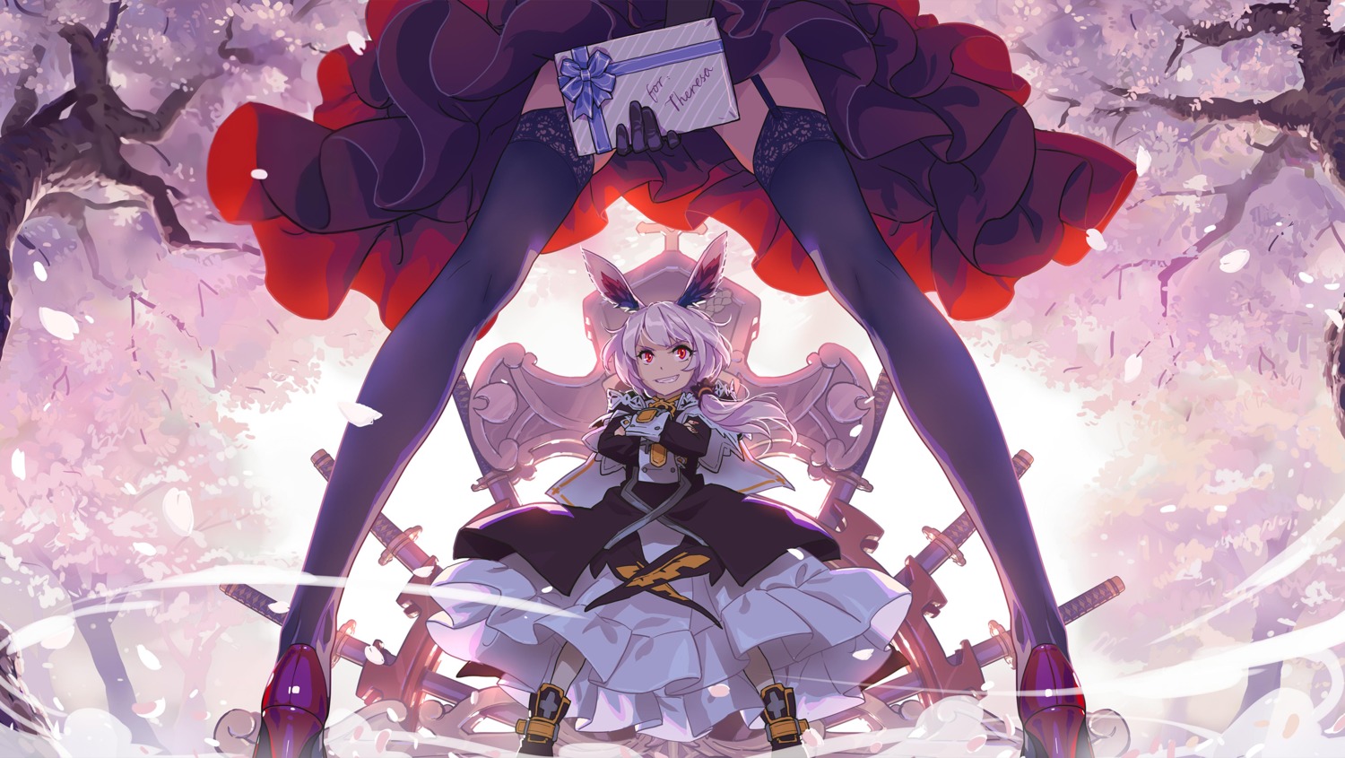 animal_ears benghuai_xueyuan bunny_ears heels honkai_impact lolita_fashion skirt_lift stockings sword theresa_apocalypse thighhighs