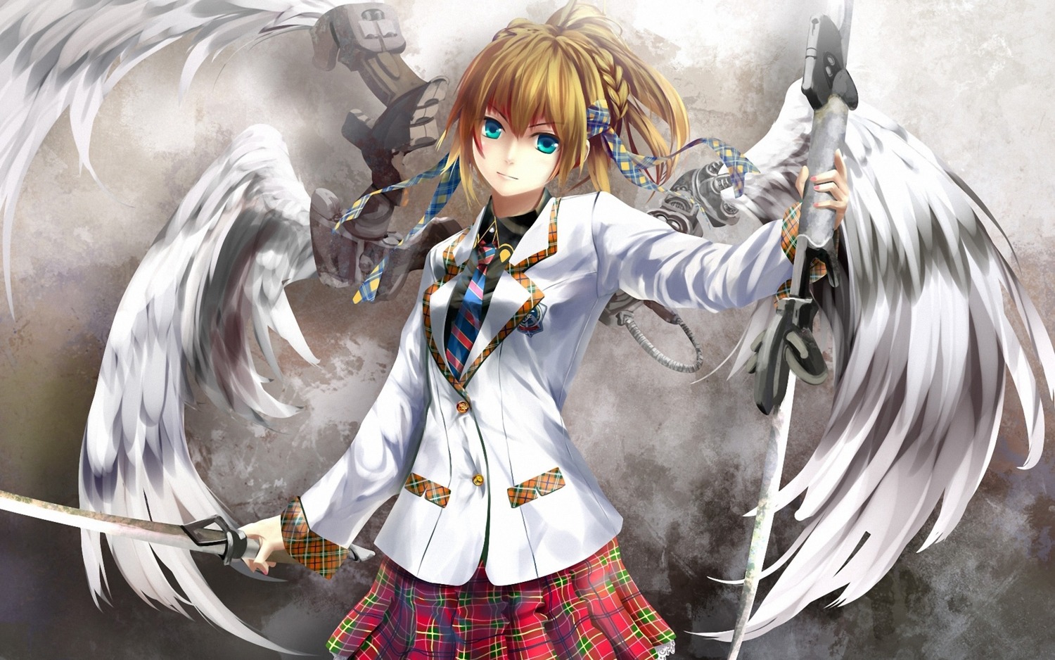 kouji_(astral_reverie) seifuku sword wallpaper wings