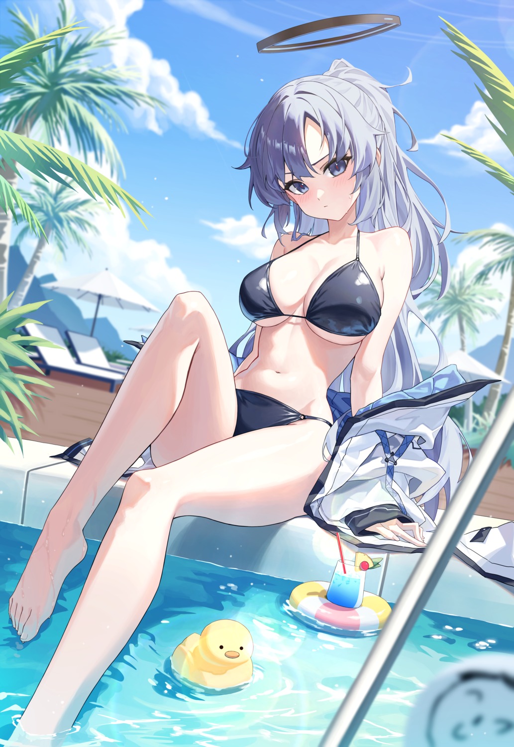 bikini blue_archive halo hayase_yuuka open_shirt swimsuits u.rang wet