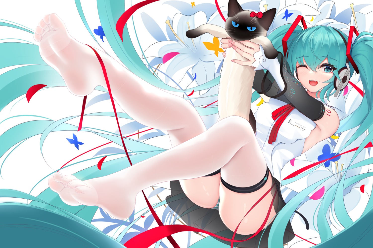 damao_yu feet garter hatsune_miku headphones neko pantsu shimapan skirt_lift tattoo thighhighs vocaloid