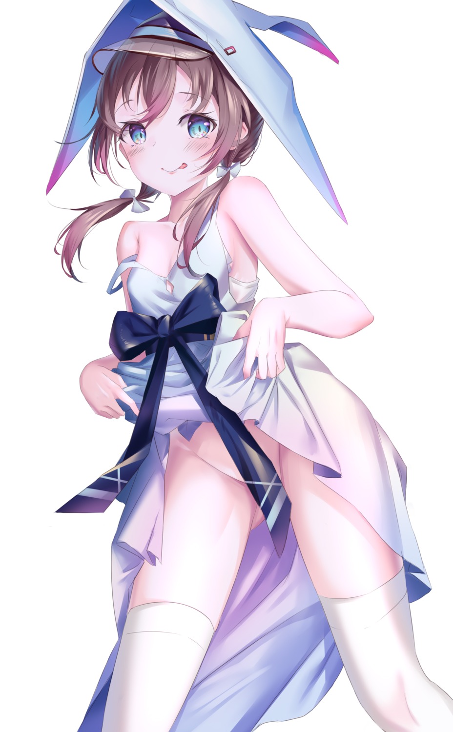 amaroku_neko arknights dress no_bra nopan purestream_(arknights) see_through skirt_lift summer_dress thighhighs