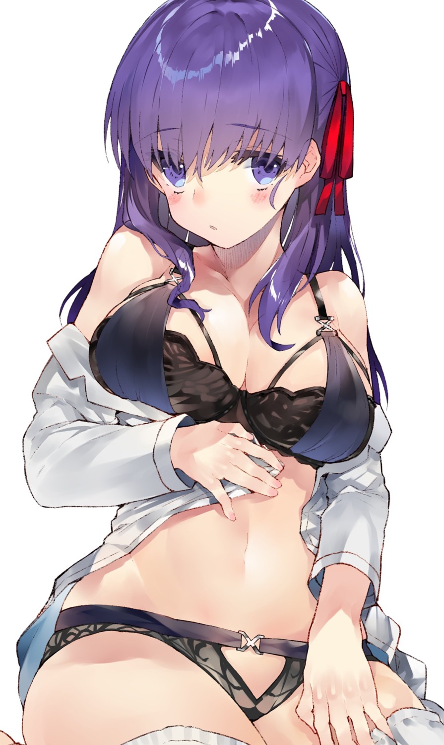 bra breast_hold cleavage fate/stay_night kou_mashiro lingerie matou_sakura open_shirt pantsu