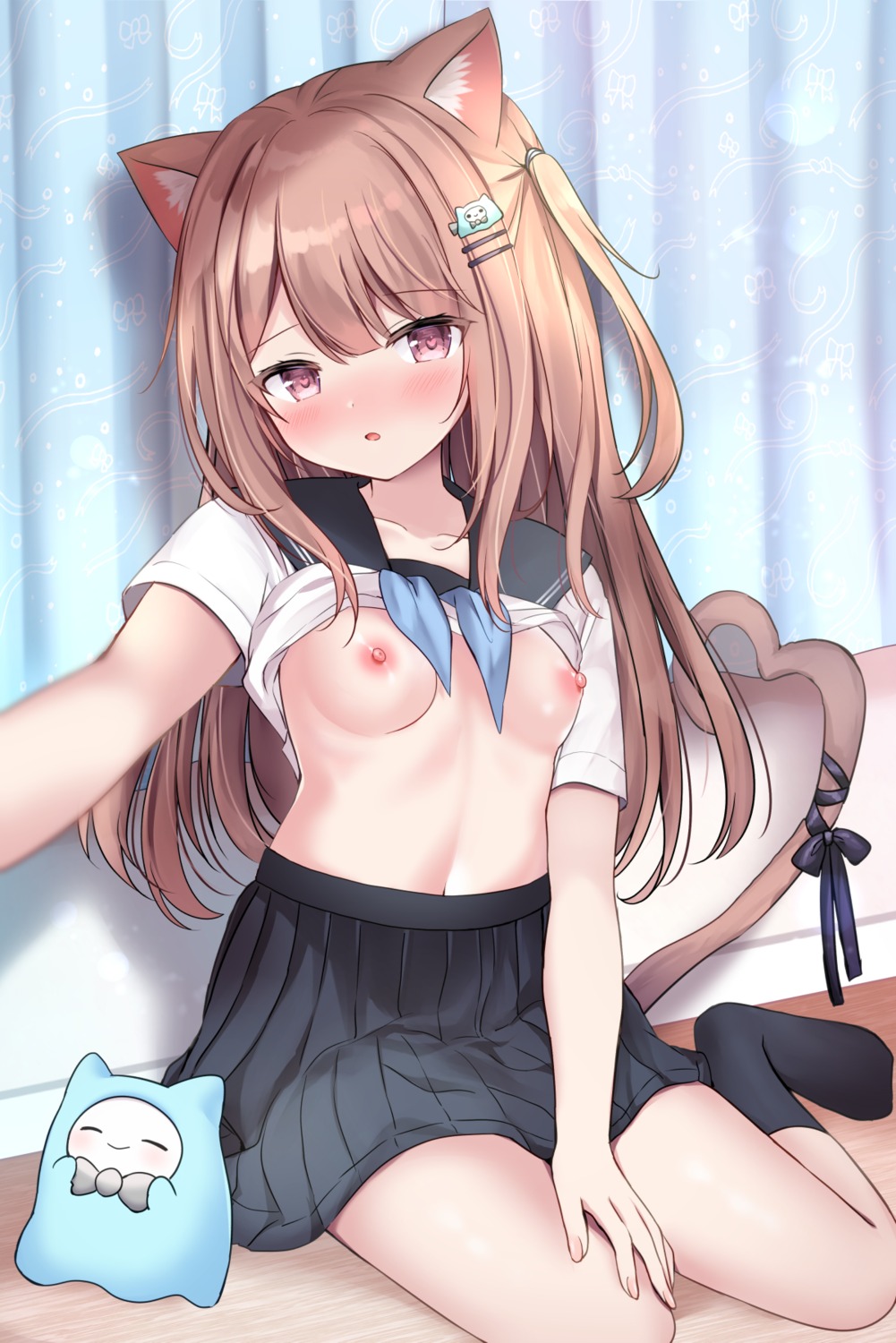 animal_ears breasts nekomimi nipples no_bra seifuku selfie shirt_lift tail yuimisu