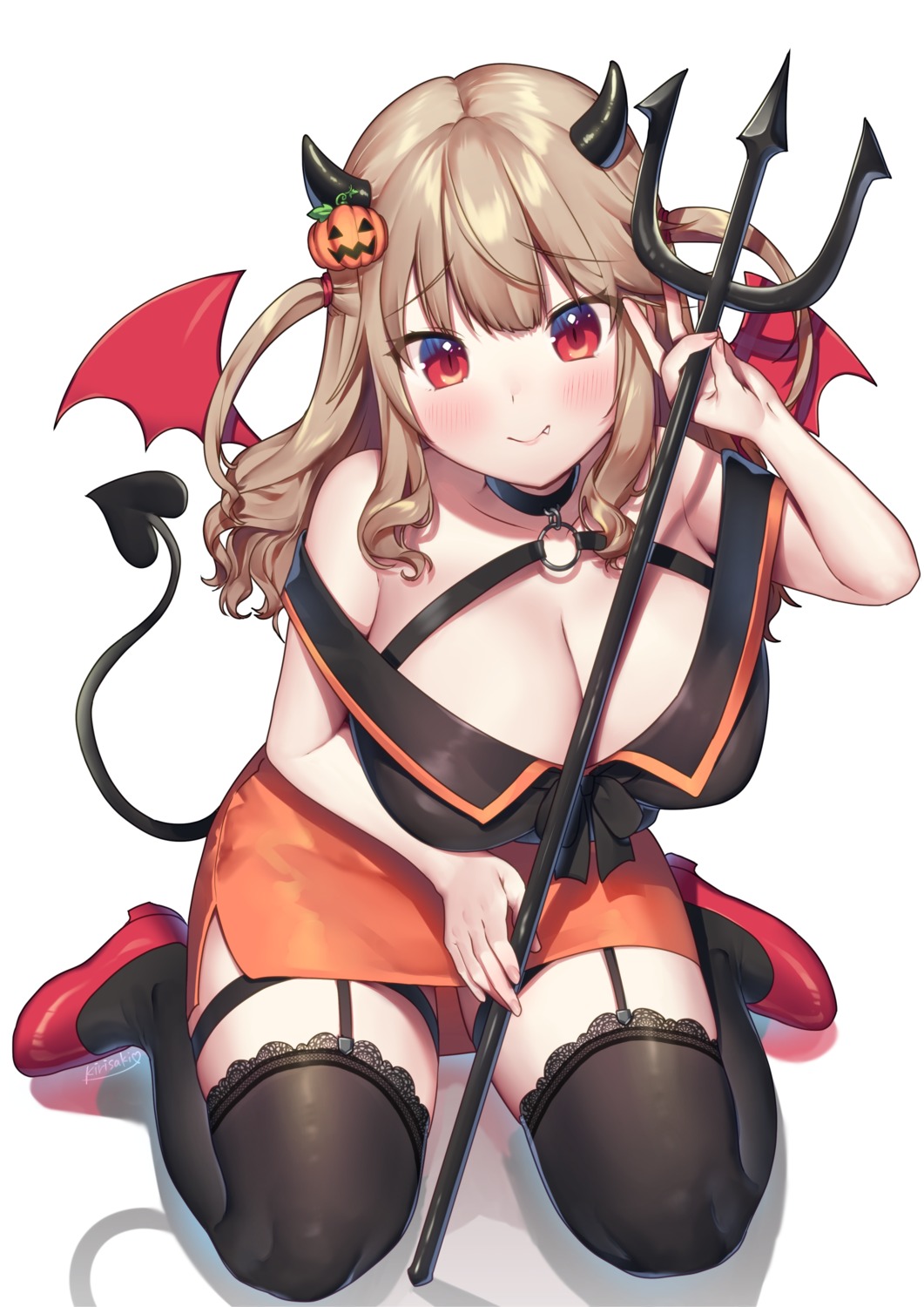 cleavage garter halloween horns kirisaki_shuusei no_bra open_shirt stockings tail thighhighs weapon wings