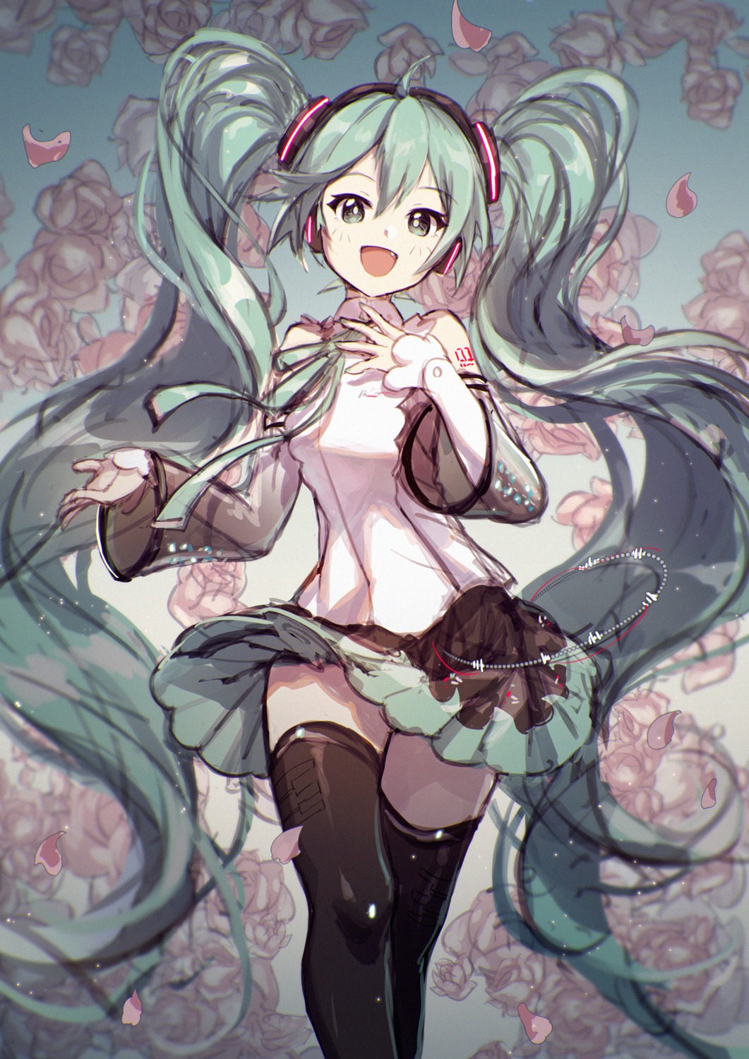 hatsune_miku lengchan_(fu626878068) skirt_lift tattoo thighhighs vocaloid