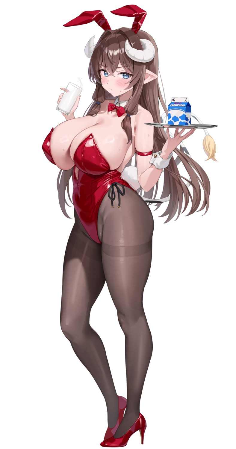 animal_ears bunny_ears bunny_girl heels horns no_bra pantyhose pointy_ears sg_(satoumogumogu) tail ushimitsu_toki waitress