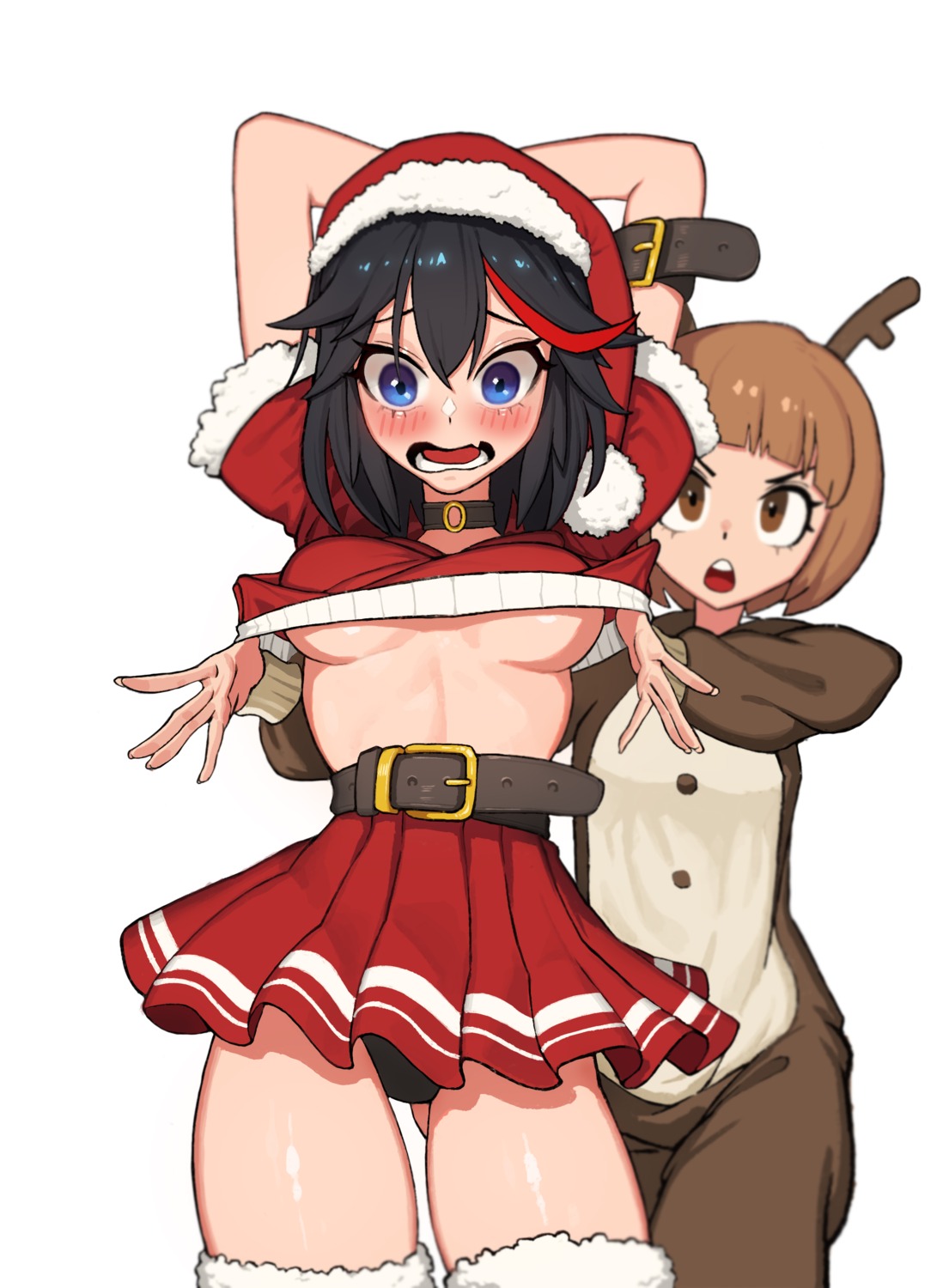 christmas hellk111 horns kill_la_kill mankanshoku_mako matoi_ryuuko no_bra pantsu shirt_lift thighhighs underboob undressing