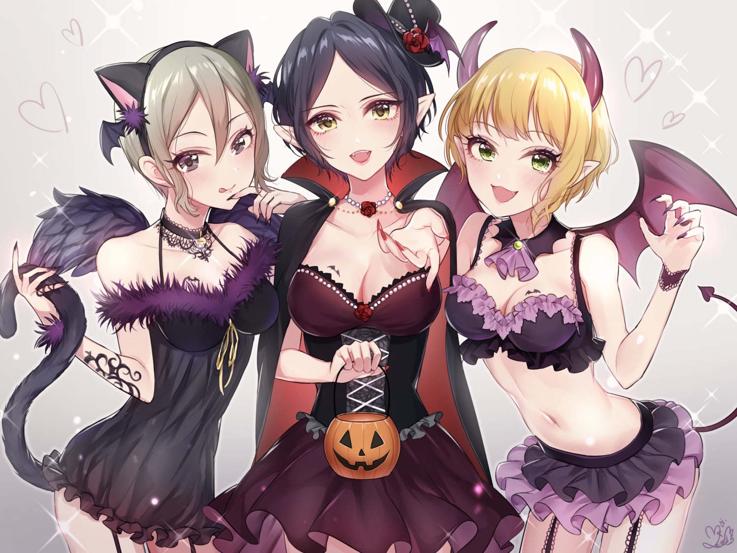 animal_ears cleavage dress halloween hayami_kanade horns mairo miyamoto_frederica nekomimi pointy_ears shiomi_shuuko tail the_idolm@ster the_idolm@ster_cinderella_girls wings