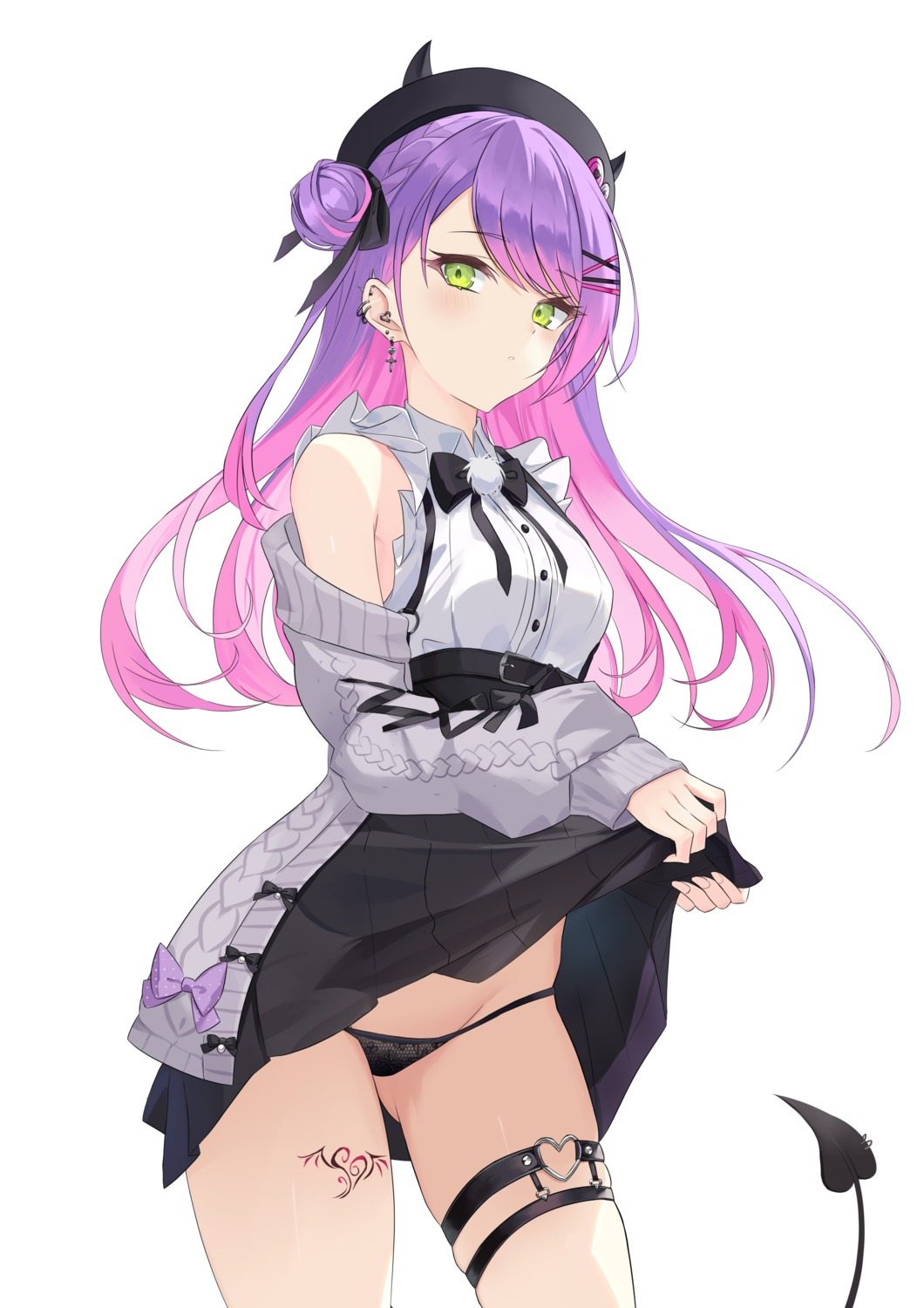 garter hololive horns jiang_ye_kiri pantsu skirt_lift sweater tail tattoo tokoyami_towa