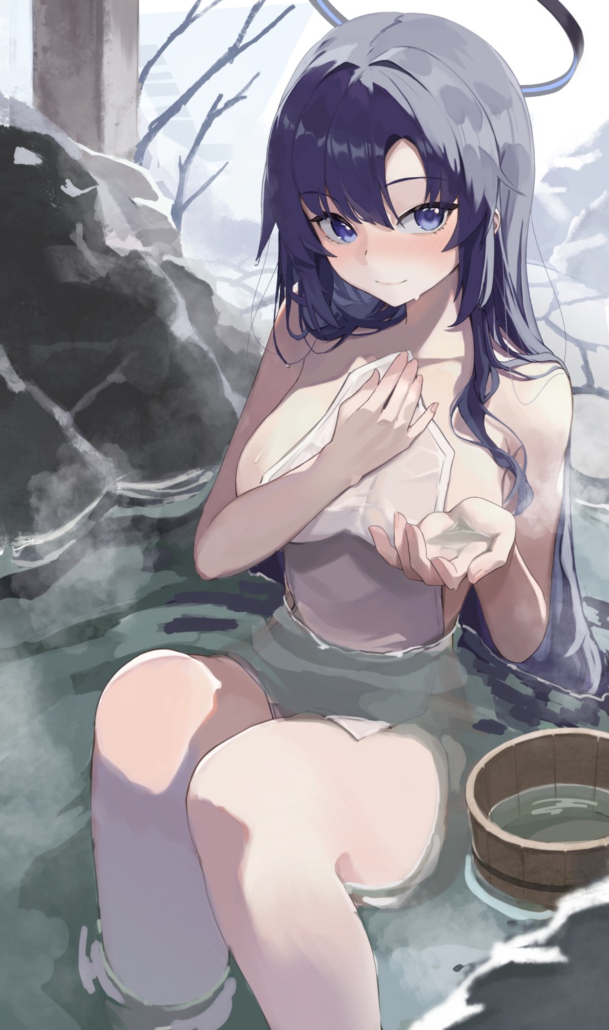 bathing blue_archive halo hayase_yuuka naked onsen see_through sukoyaka_konbu towel wet