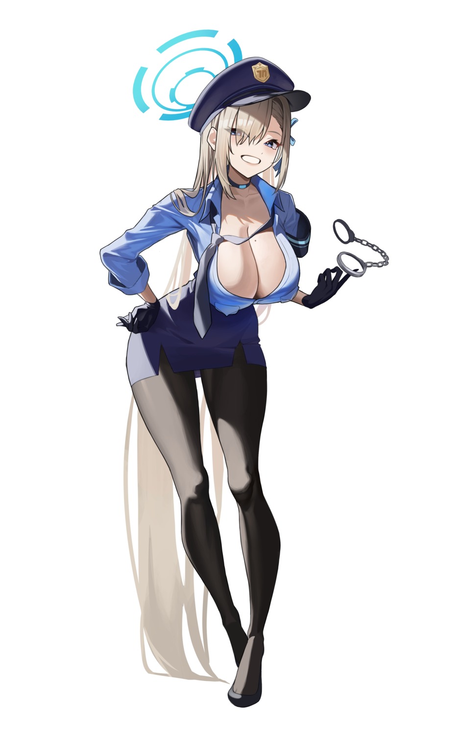 blue_archive halo ichinose_asuna no_bra ojisan_kamo_shiremasen open_shirt pantyhose police_uniform