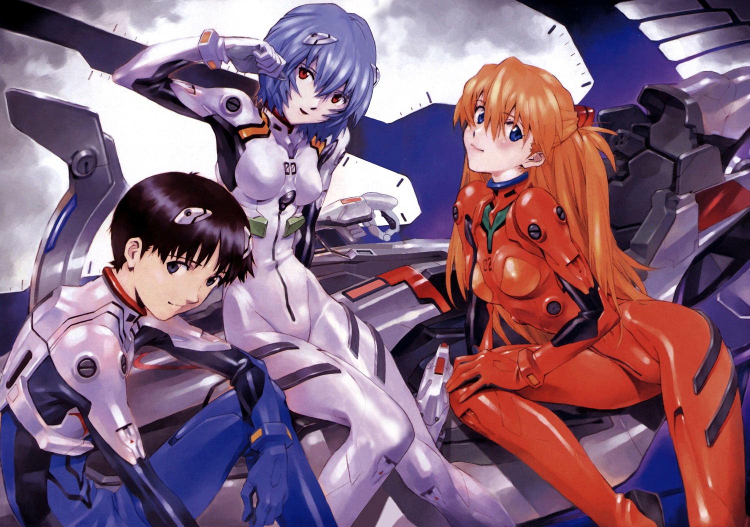 ayanami_rei bodysuit ikari_shinji mecha neon_genesis_evangelion sadamoto_yoshiyuki souryuu_asuka_langley