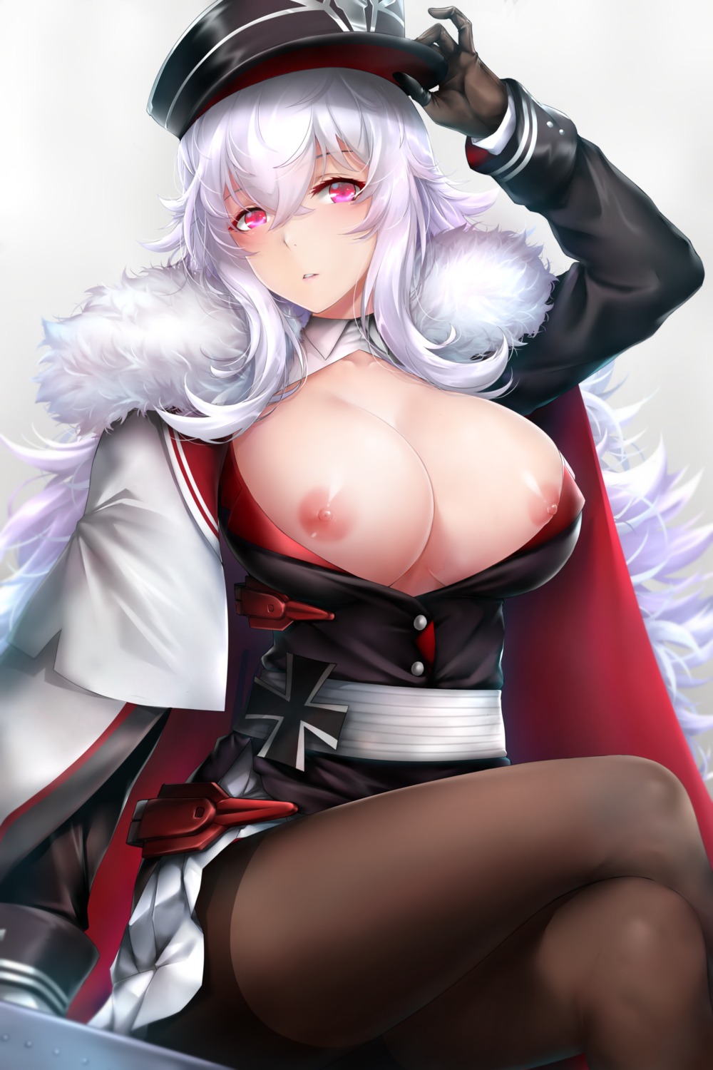 azur_lane breasts graf_zeppelin_(azur_lane) nipples no_bra open_shirt pantyhose rei_kun skirt_lift uniform