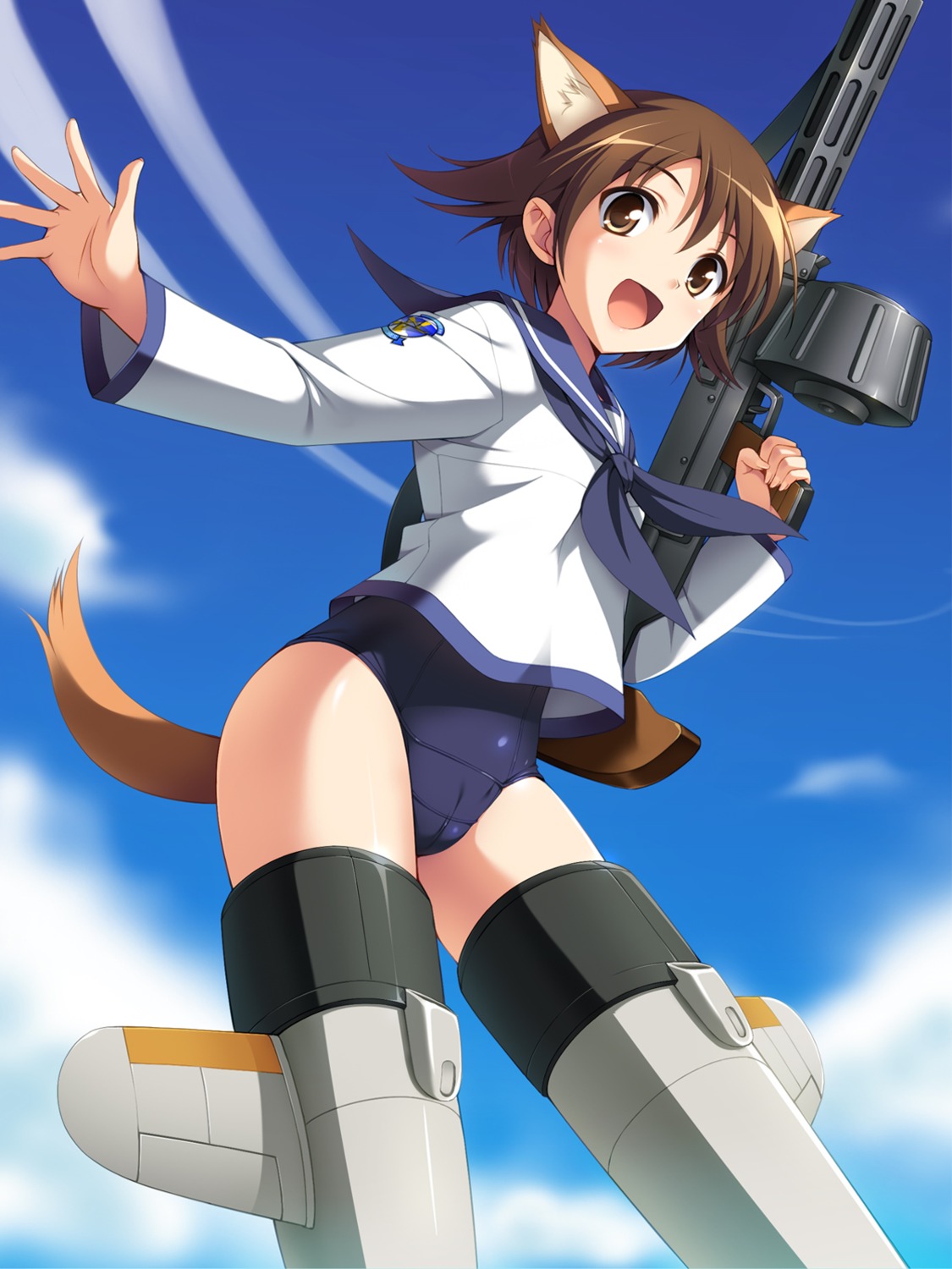 animal_ears cameltoe cygnus gun inumimi miyafuji_yoshika school_swimsuit seifuku strike_witches swimsuits tail