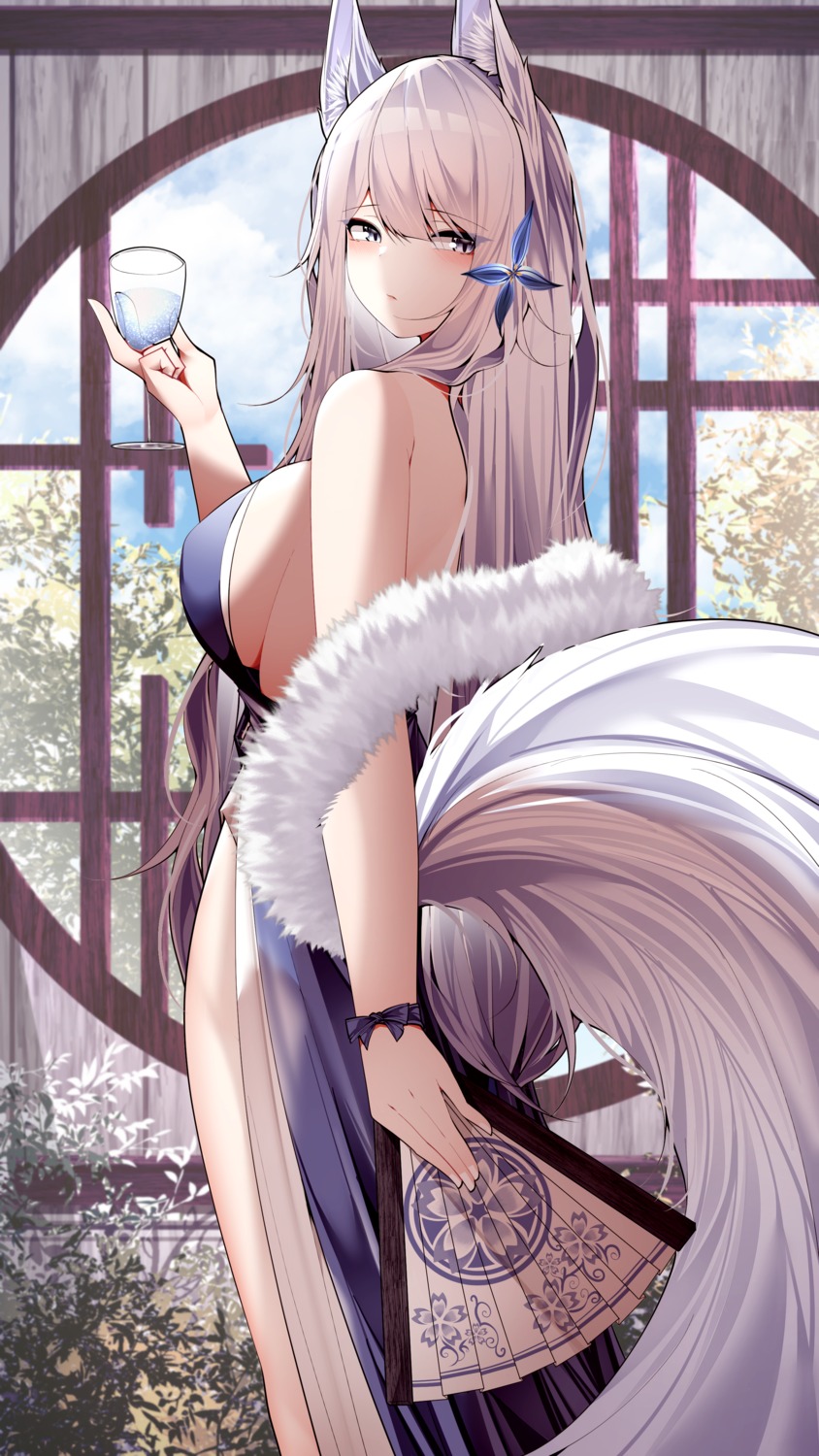 animal_ears azur_lane dress kitsune no_bra samip shinano_(azur_lane) tail
