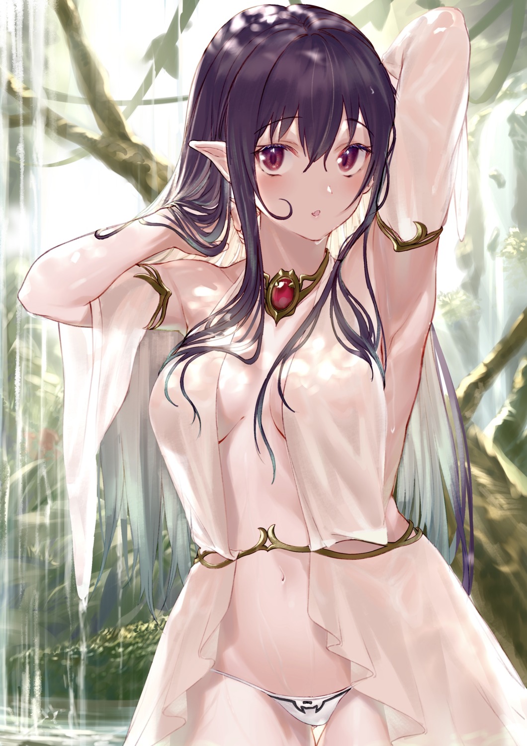 bathing elf no_bra pantsu pointy_ears see_through takubon wet wet_clothes