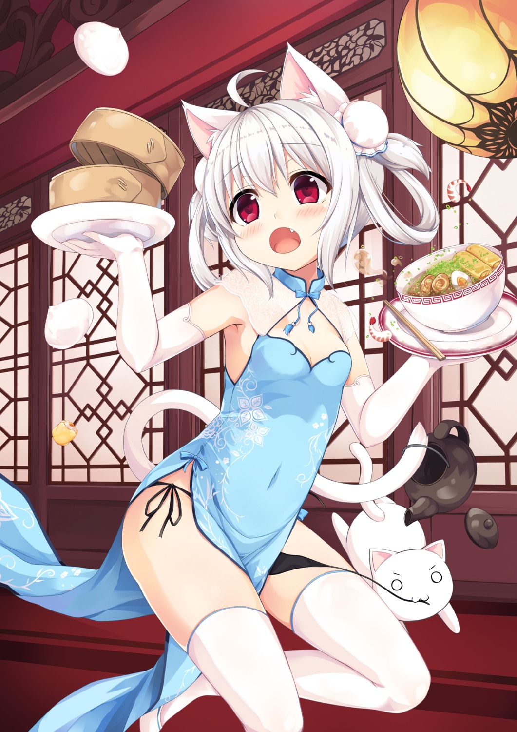 animal_ears chinadress cleavage neko nekomimi pantsu panty_pull sakuraba_hikaru see_through skirt_lift string_panties tail thighhighs wardrobe_malfunction