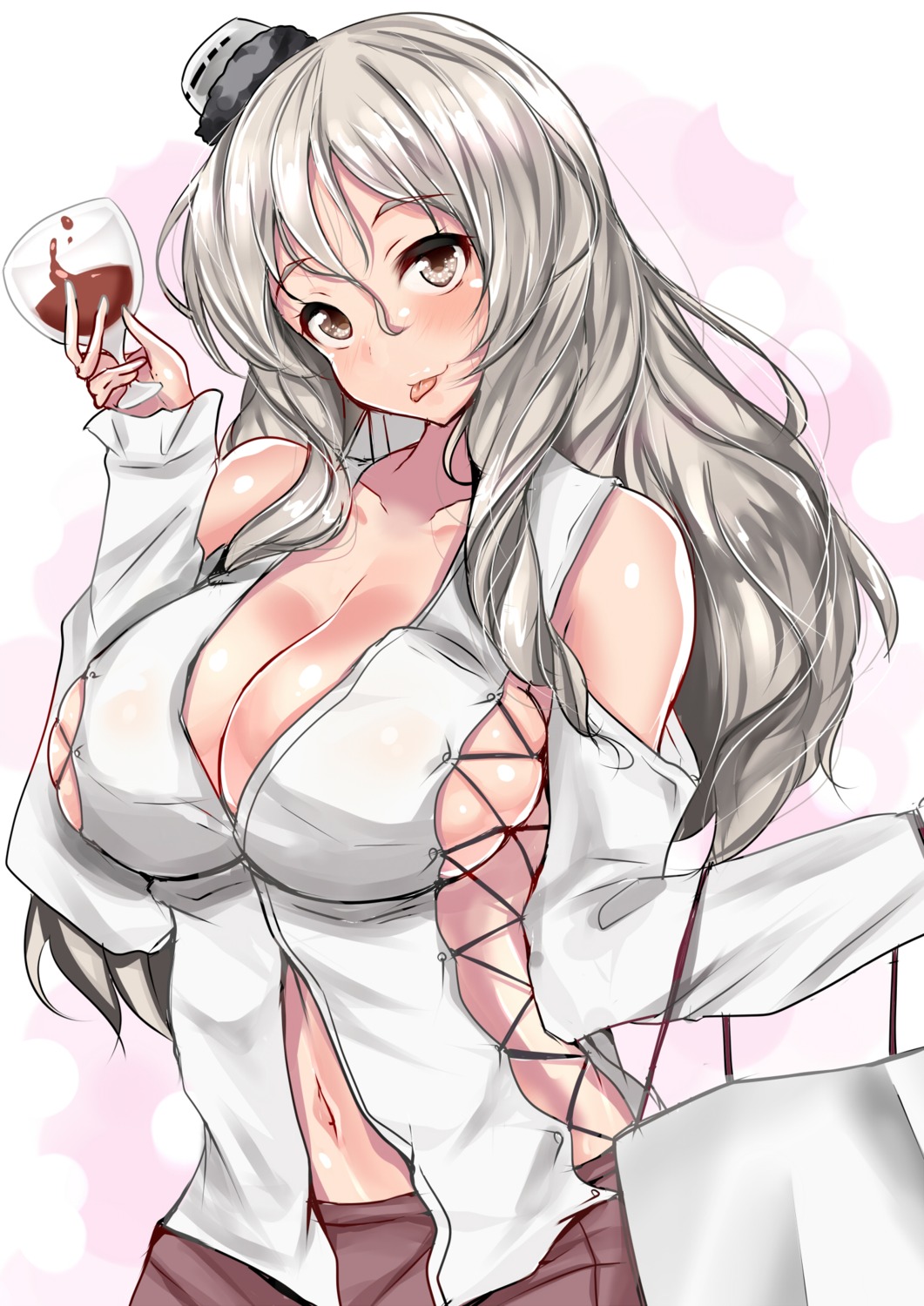 cleavage kantai_collection no_bra open_shirt pola_(kancolle) sankakusui_(artist) underboob