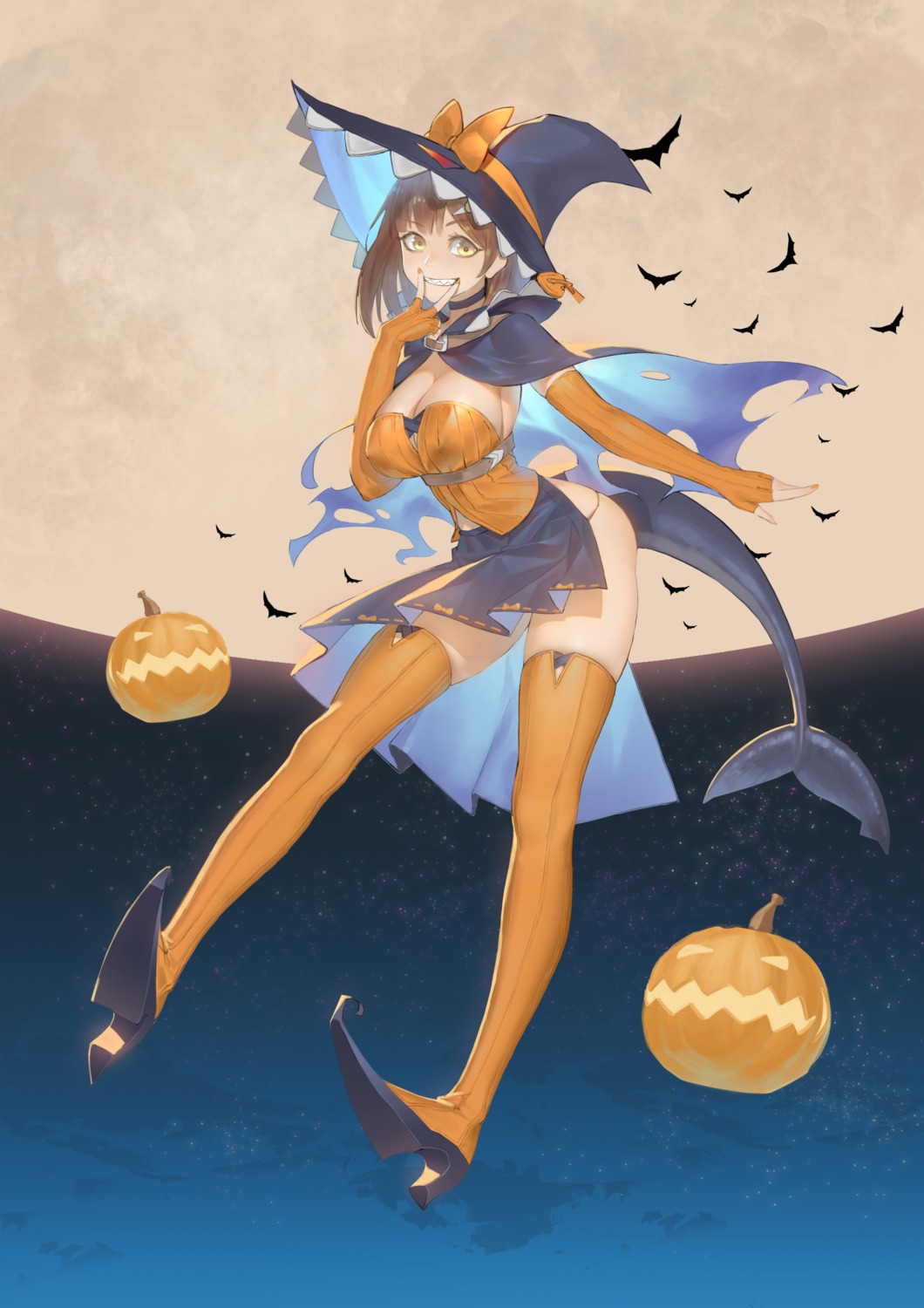 cleavage halloween heels nanami_(virtuareal) no_bra pantsu skirt_lift tail thighhighs virtuareal witch yuuuuuuuuuuuuka