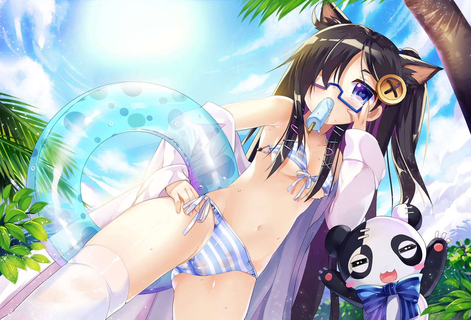 animal_ears bikini linxingzi m.vv megane nekomimi open_shirt swimsuits underboob