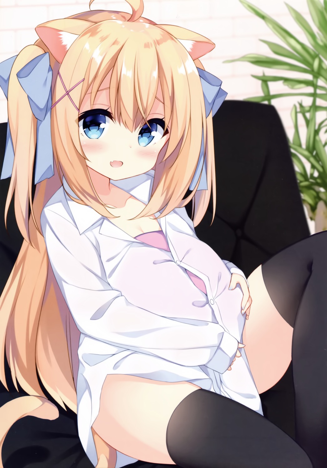 animal_ears dress_shirt garlicgirls mimura_zaja nekomimi pregnant tail thighhighs