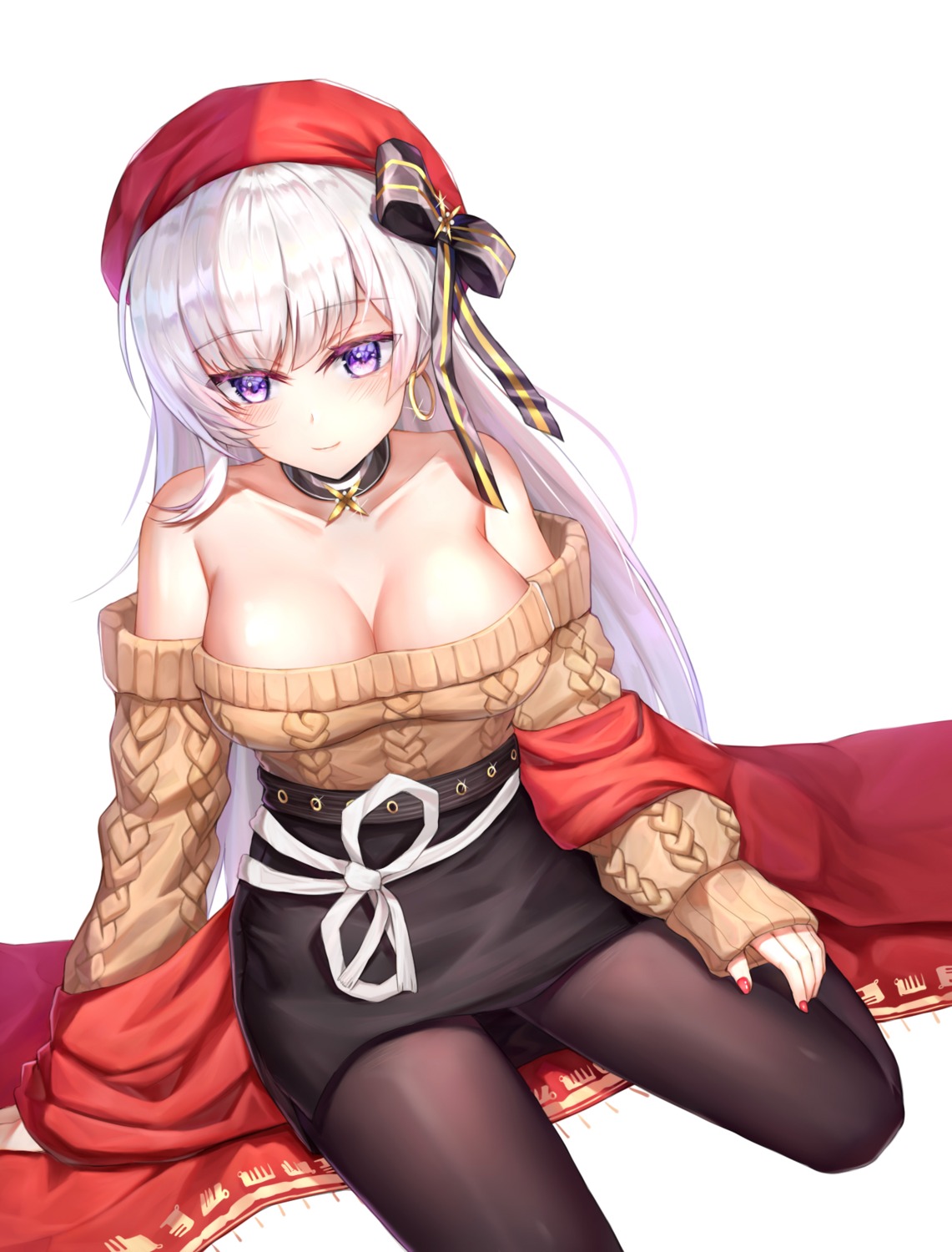 azur_lane belfast_(azur_lane) cleavage linz no_bra pantyhose sweater