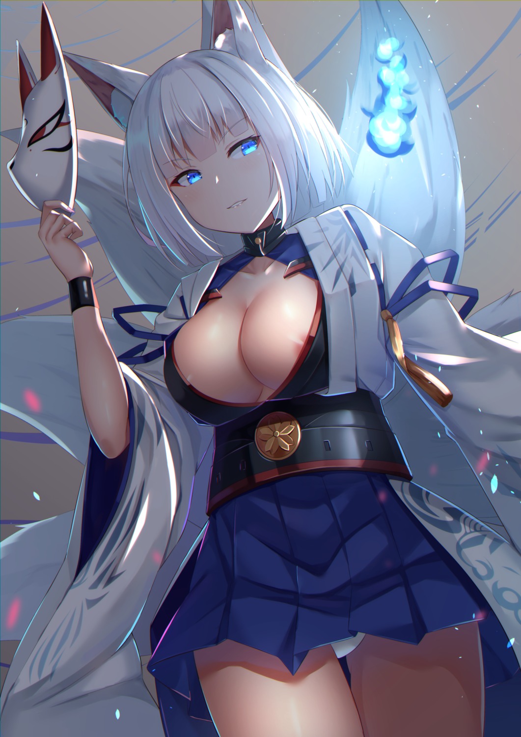 animal_ears areola azur_lane japanese_clothes kaga_(azur_lane) kitsune mirufuaa no_bra open_shirt pantsu tail