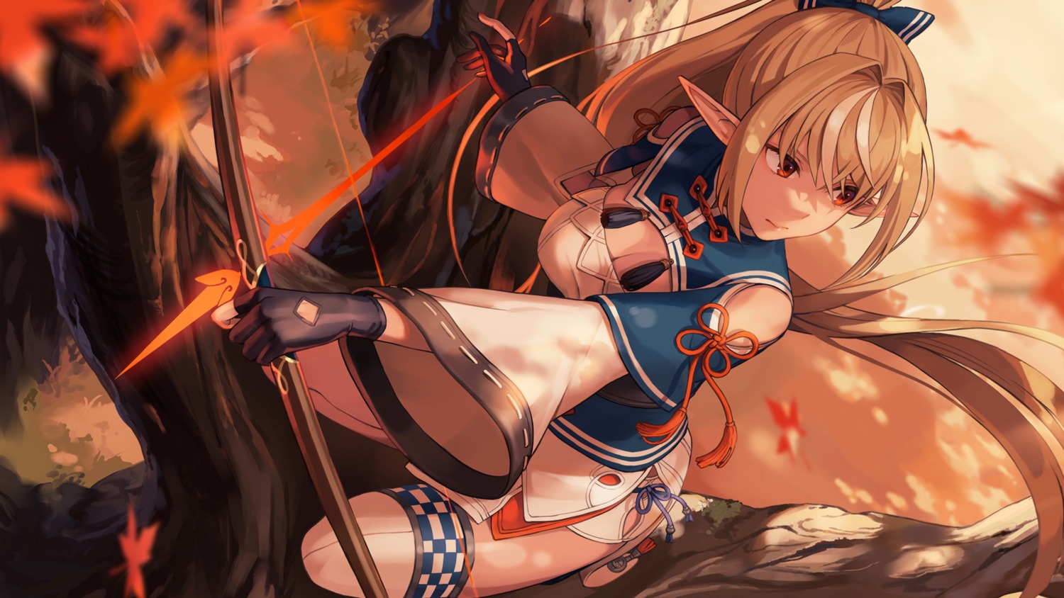 cleavage elf hololive japanese_clothes kotatiyu pointy_ears shiranui_flare thighhighs wallpaper