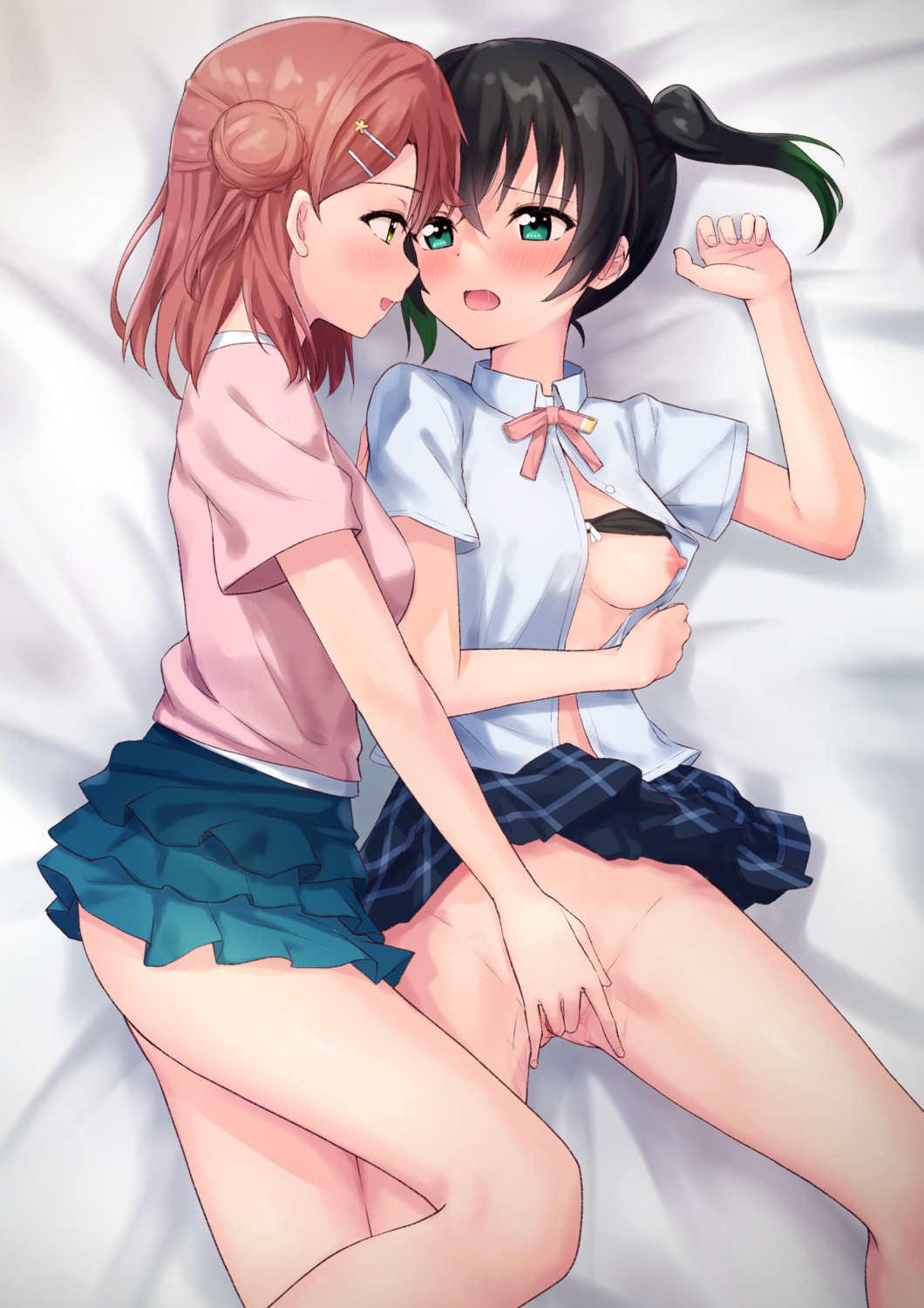 bra breasts fingering love_live!_nijigasaki_high_school_idol_club nipples nopan open_shirt pussy pussy_juice seifuku skirt_lift takasaki_yuu toyasu_aina uehara_ayumu yuri