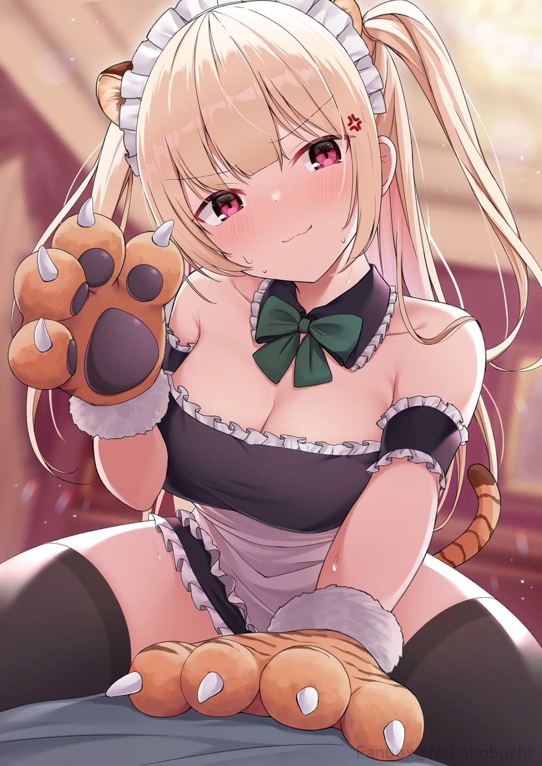 animal_ears cleavage maid nekokobushi no_bra skirt_lift tail thighhighs