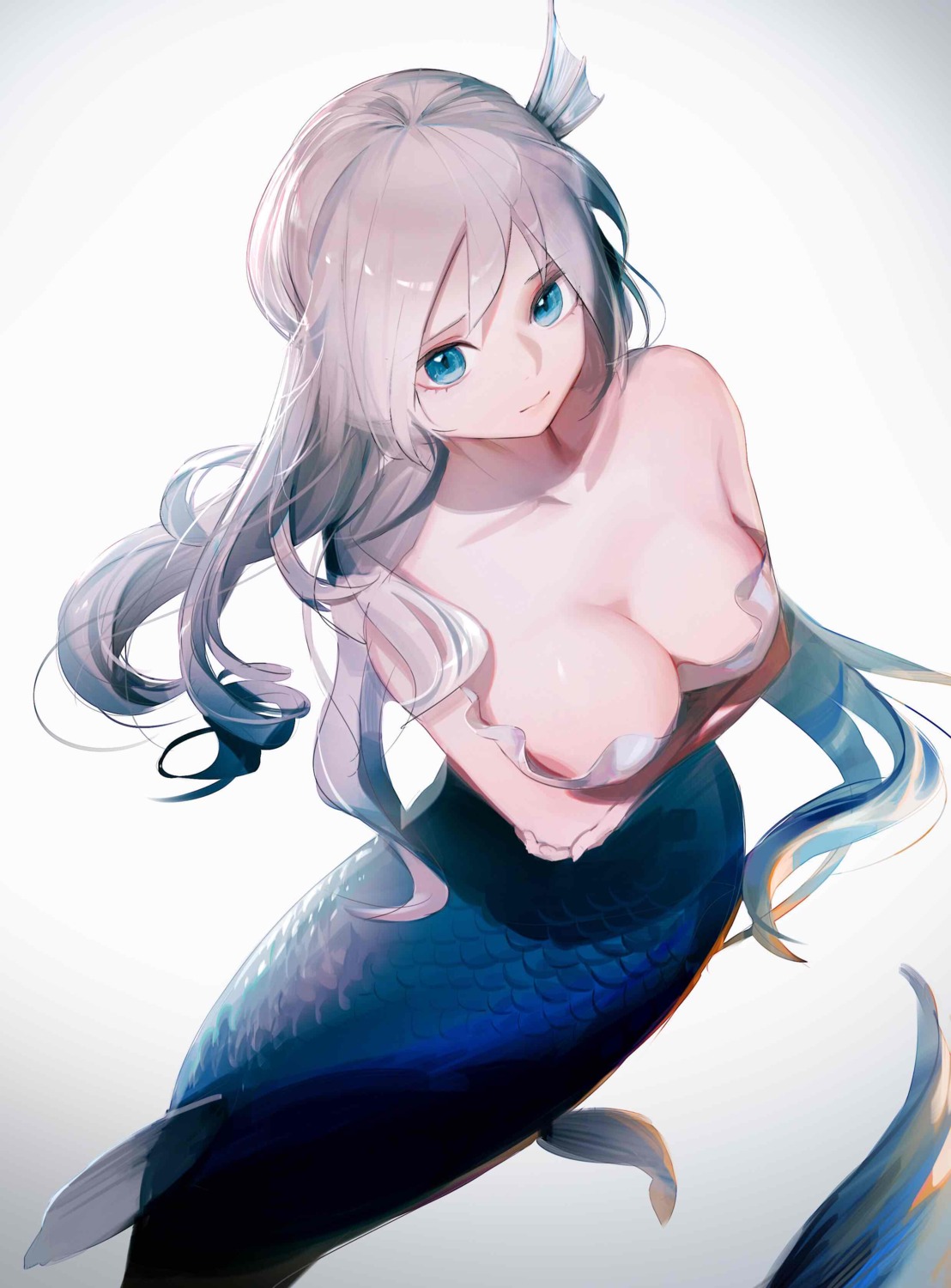 animal_ears ass breast_hold erect_nipples leiq mermaid monster_girl naked no_bra tail