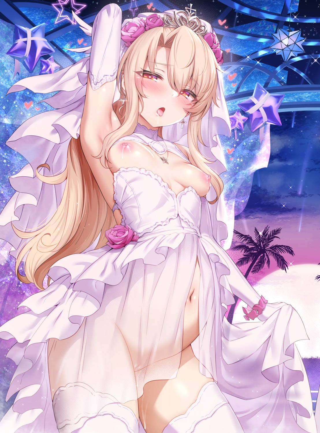 breasts cum dress fate/kaleid_liner_prisma_illya fate/stay_night illyasviel_von_einzbern lactation loli nipples no_bra nopan pregnant pussy rogia see_through skirt_lift thighhighs uncensored wedding_dress