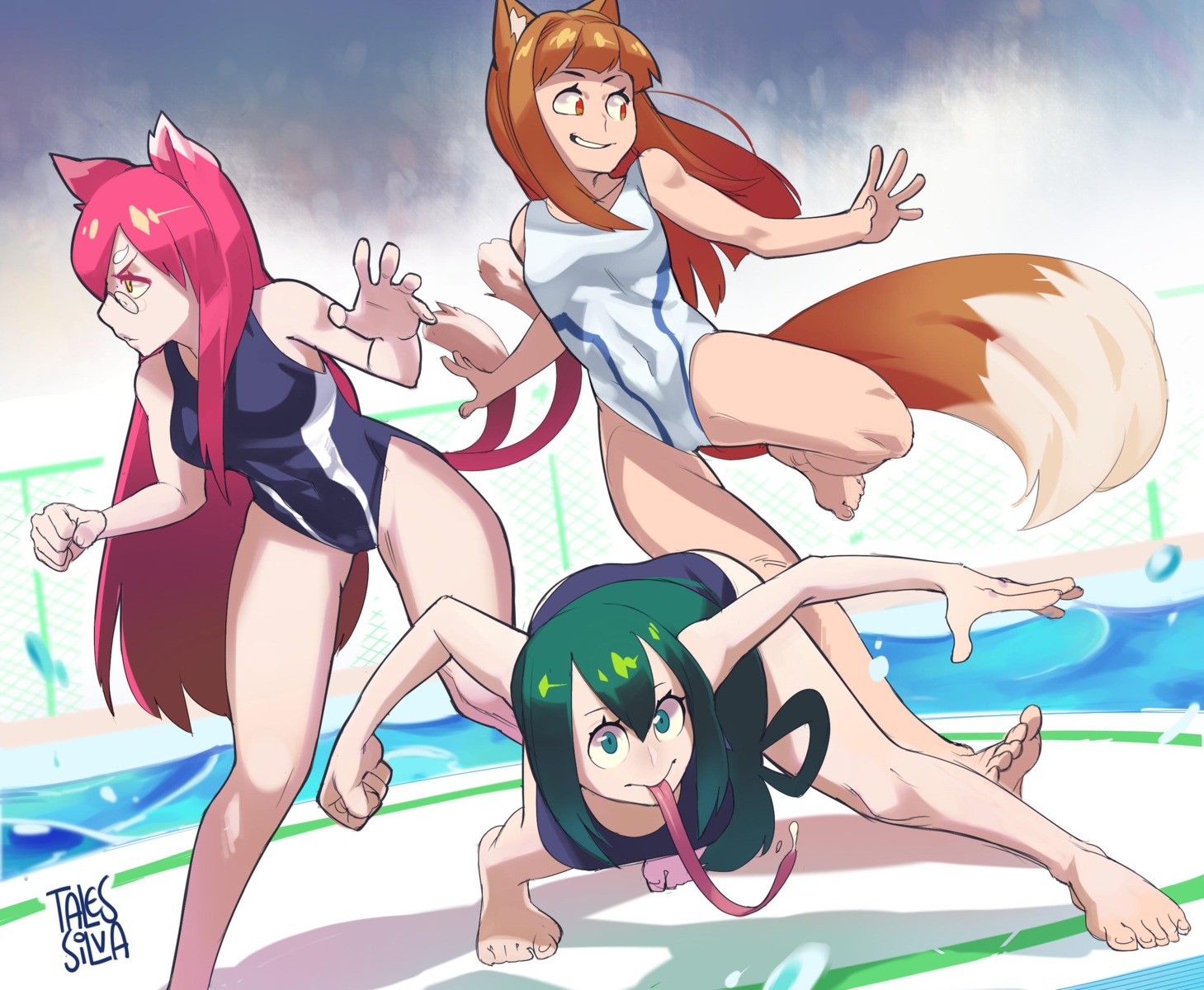 animal_ears asui_tsuyu blazblue boku_no_hero_academia cosplay crossover ddrake13 holo keijo!!!!!!!! kokonoe nekomimi spice_and_wolf swimsuits tail