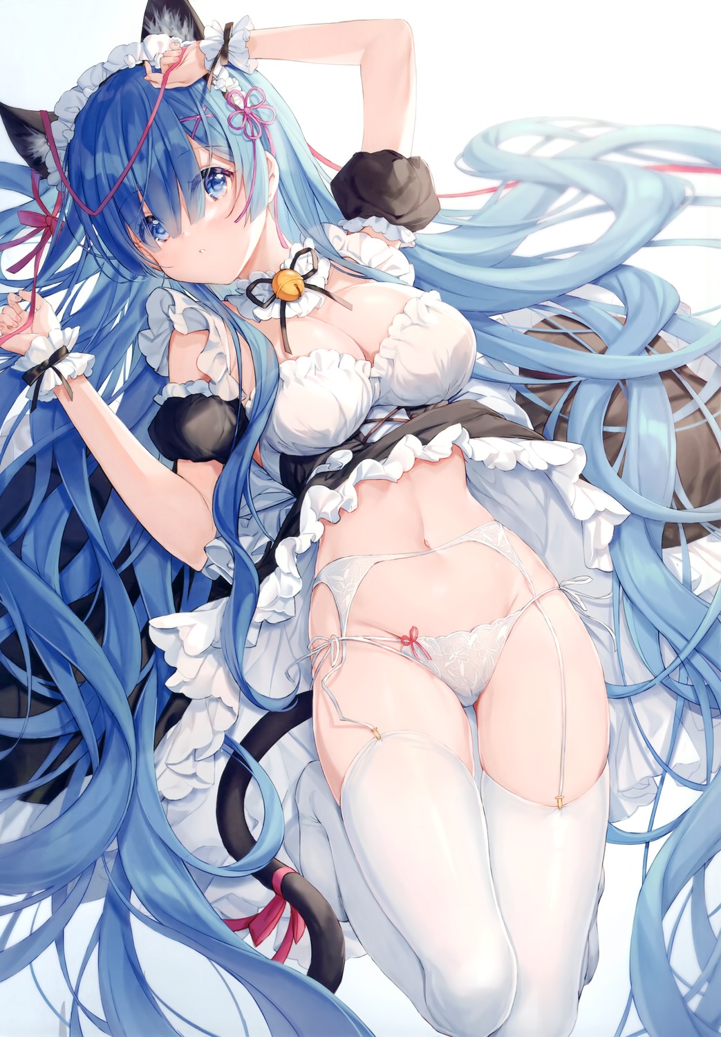 animal_ears cameltoe eikaa garter_belt maid nekomimi no_bra pantsu re_zero_kara_hajimeru_isekai_seikatsu rem_(re_zero) see_through skirt_lift stockings string_panties tail thighhighs