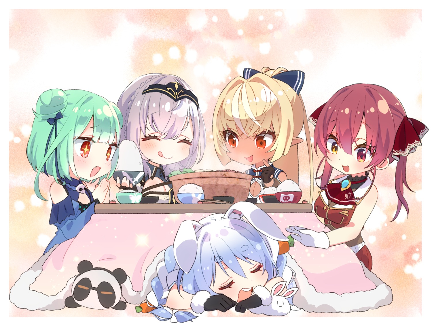 animal_ears asian_clothes bunny_ears chibi dress heterochromia hololive houshou_marine houshou_marine_(artist) pointy_ears shiranui_flare shirogane_noel uruha_rushia usada_pekora