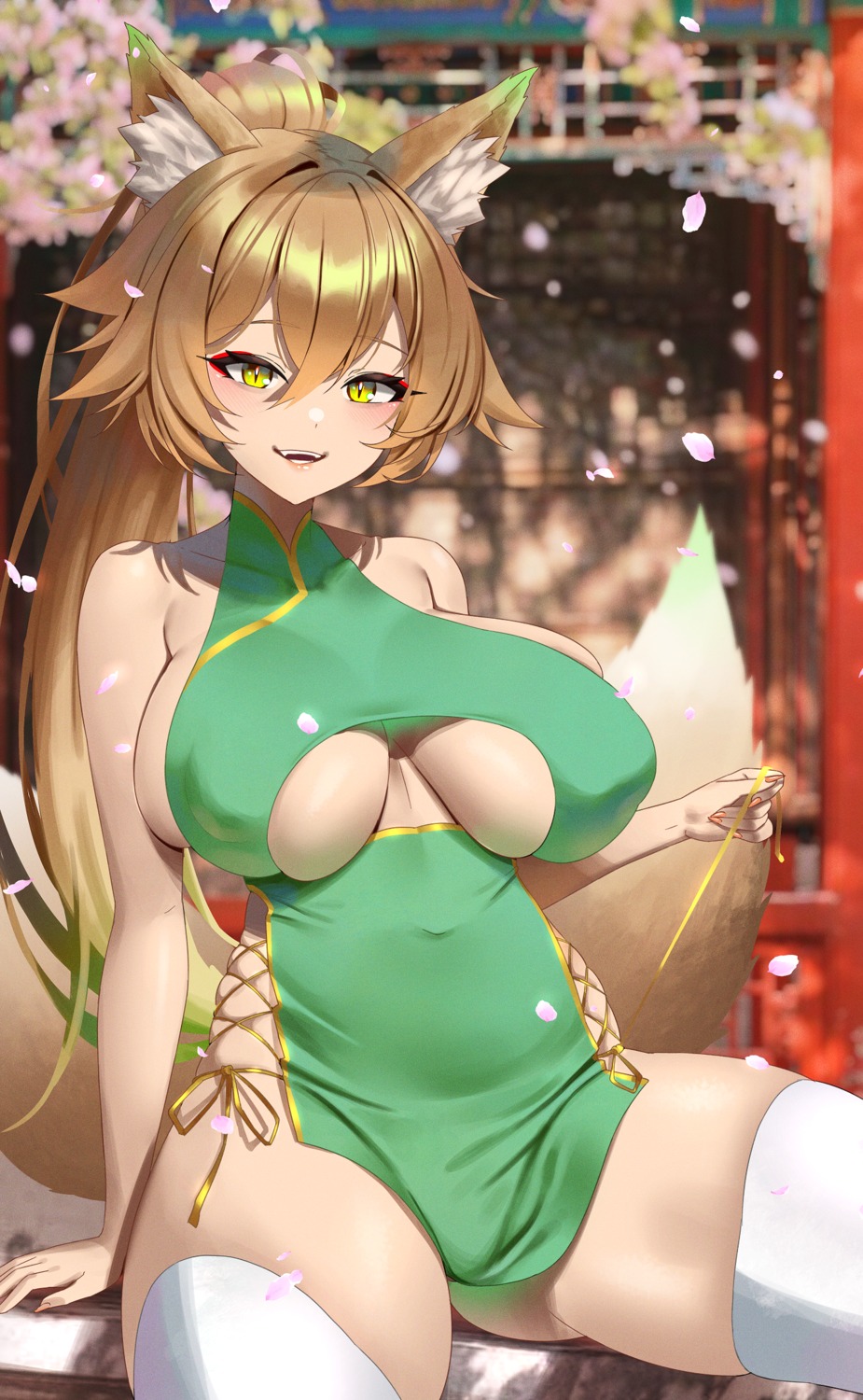 anima_(togashi) animal_ears chinadress erect_nipples kitsune no_bra tail thighhighs