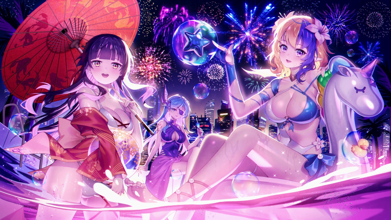 akashic_chronicle artist_revision bikini eyepatch hanabi_(akashic_chronicle) japanese_clothes lemonpear lesley_(akashic_chronicle) lunox_(akashic_chronicle) open_shirt pointy_ears swimsuits umbrella wet