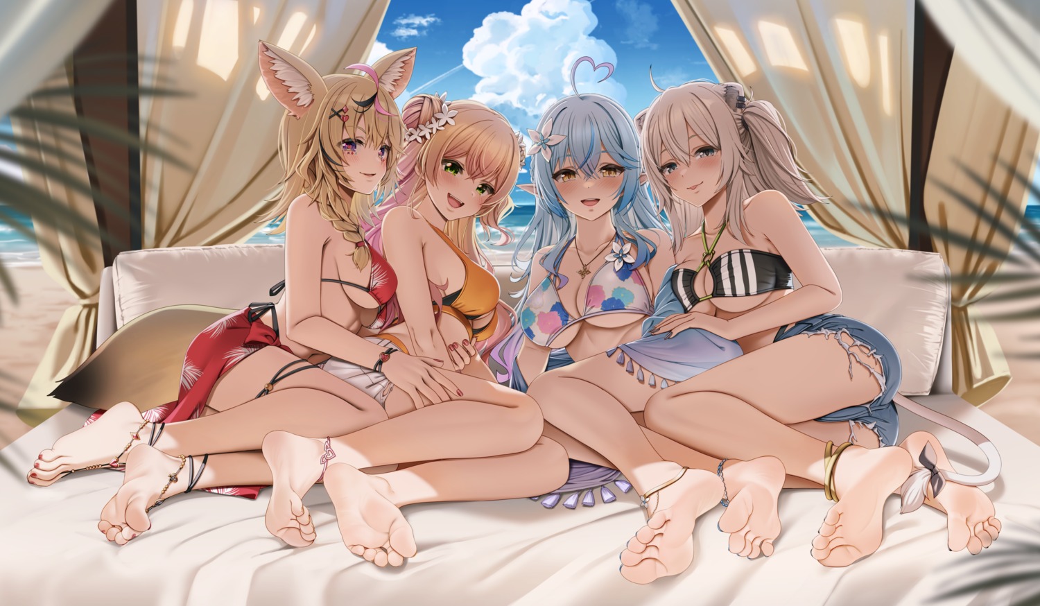 animal_ears bikini bikini_top casino_(casinoep) elf feet garter hololive momosuzu_nene omaru_polka pointy_ears shishiro_botan swimsuits tail torn_clothes yukihana_lamy