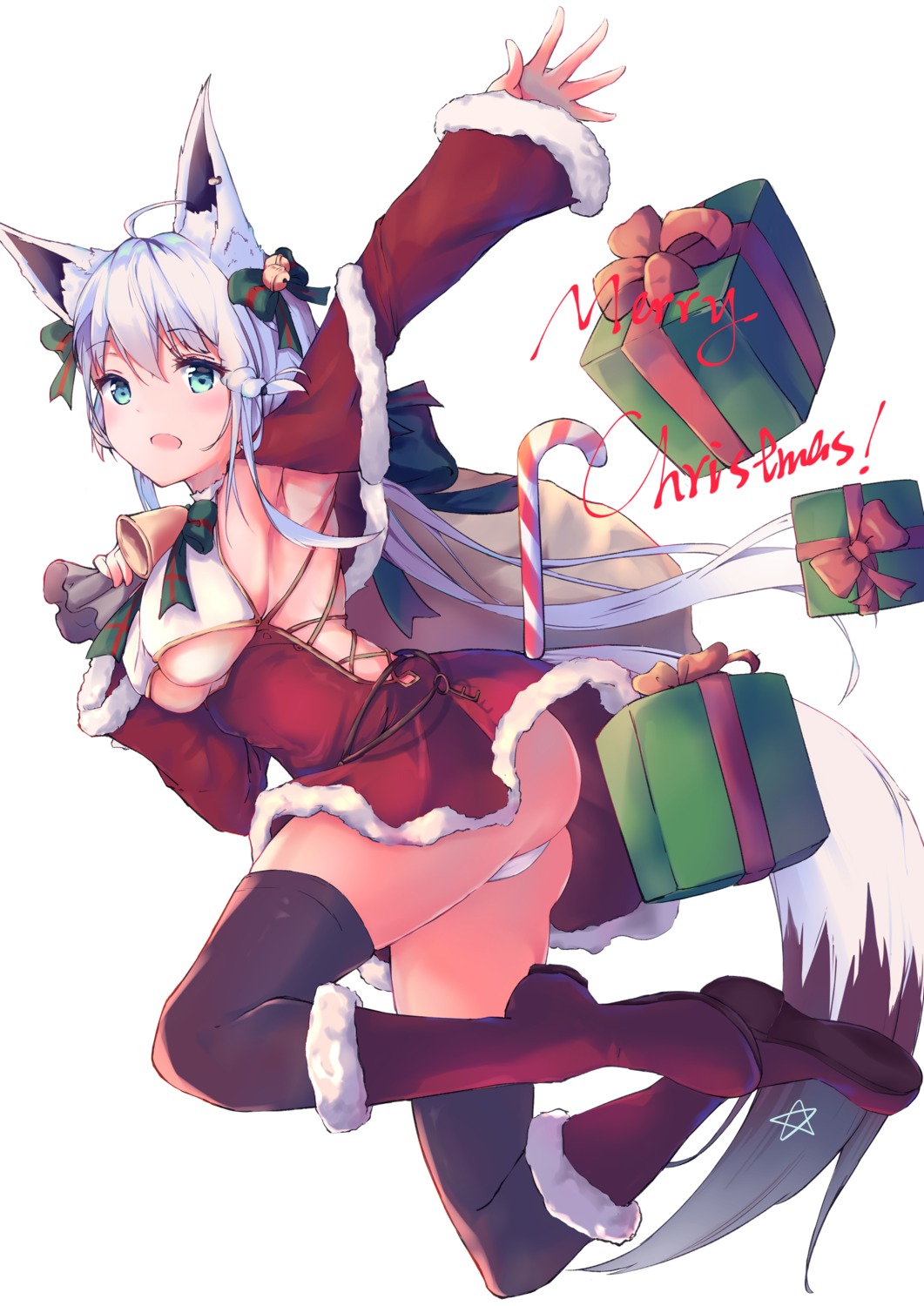 animal_ears asakawa ass christmas dress heels hololive hololive_gamers kitsune no_bra pantsu shirakami_fubuki skirt_lift tail thighhighs thong underboob