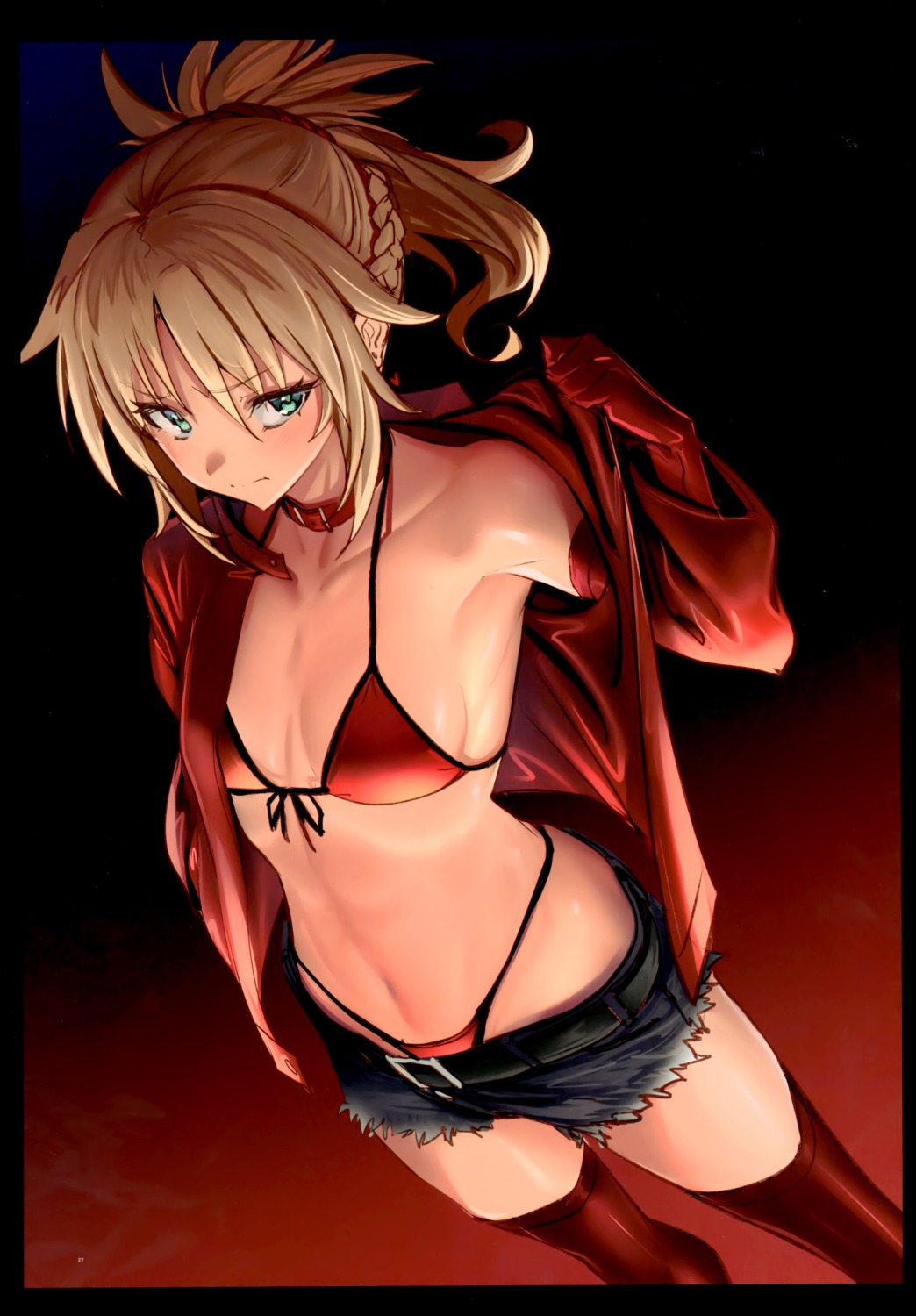 bikini cleavage fate/grand_order mordred_(fate) open_shirt possible_duplicate swimsuits thighhighs ulrich_(tagaragakuin)
