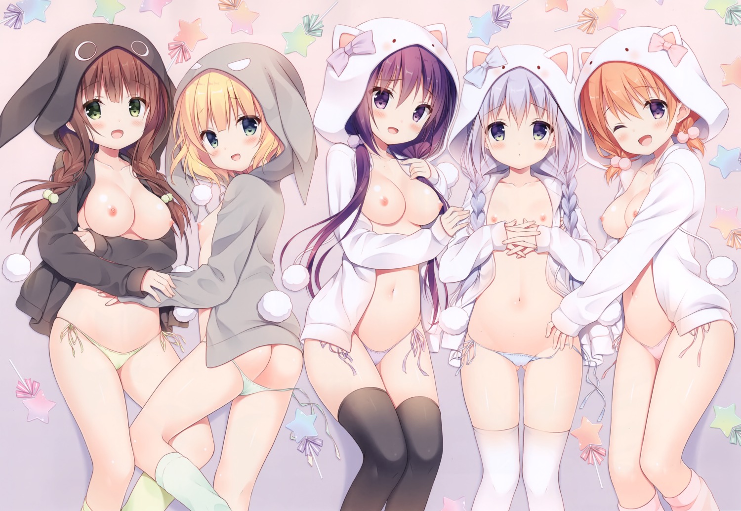 ass breasts cameltoe cropped gochuumon_wa_usagi_desu_ka? hoto_cocoa kafuu_chino kirima_sharo loli miwa_futaba nipples no_bra open_shirt pantsu panty_pull string_panties sweater tedeza_rize thighhighs ujimatsu_chiya wardrobe_malfunction