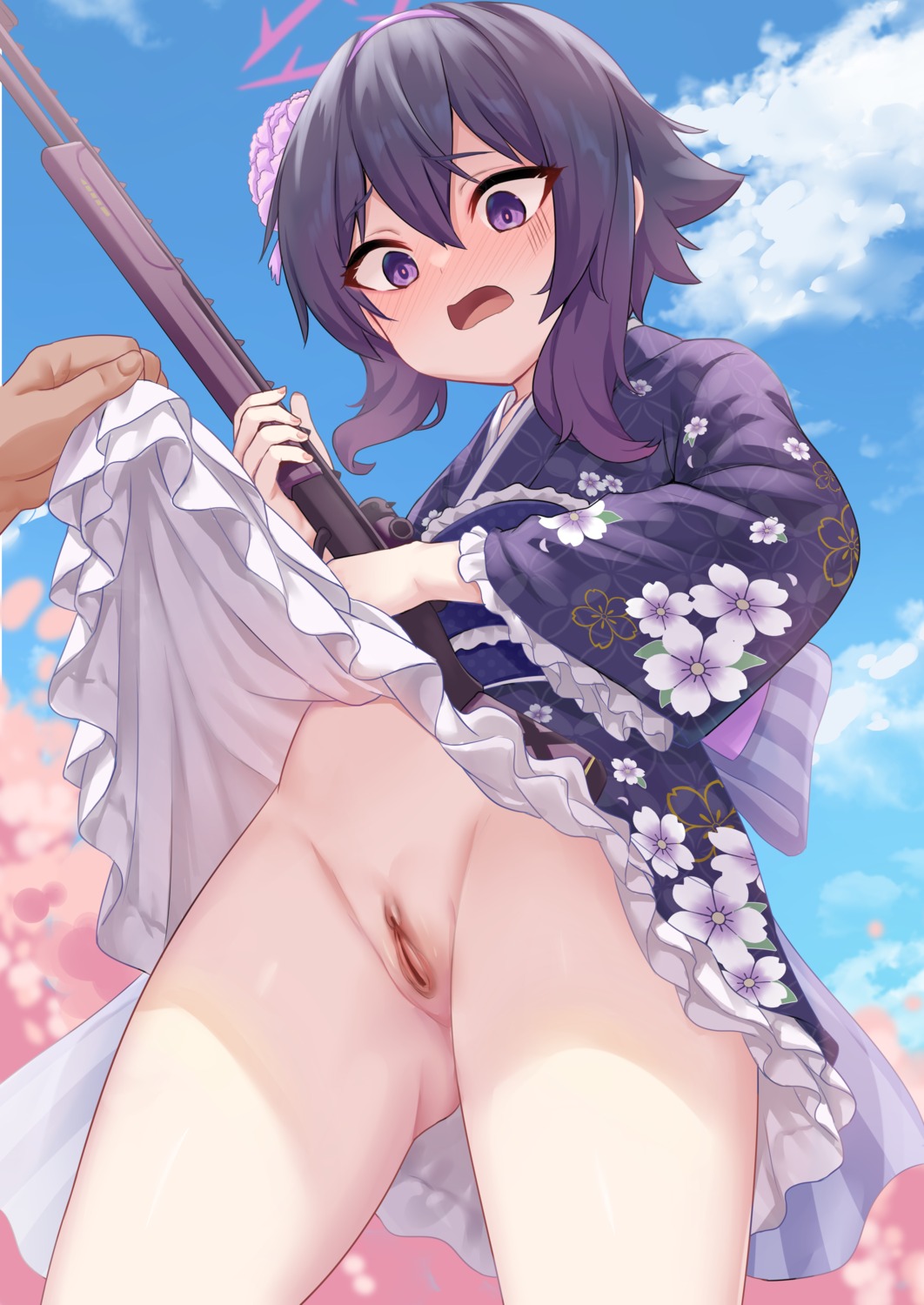 blue_archive gun halo igusa_haruka japanese_clothes loli milkshake_(artist) nopan pussy skirt_lift uncensored